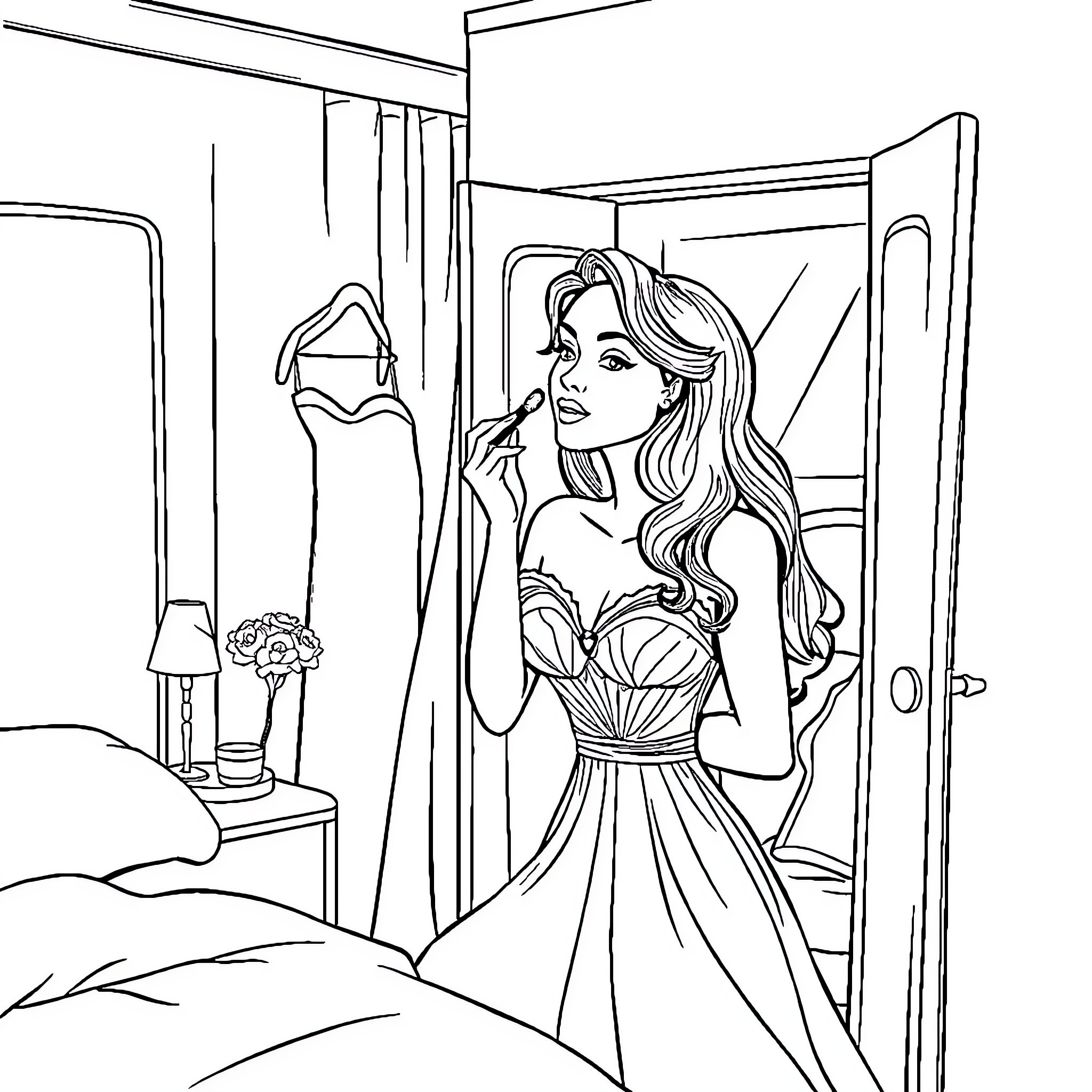 Lady Preparing for a Special Occasion Coloring Page (free black-and-white line drawing printable PDF for all, from beginners to advanced learners, including children, teens, adults, and seniors)