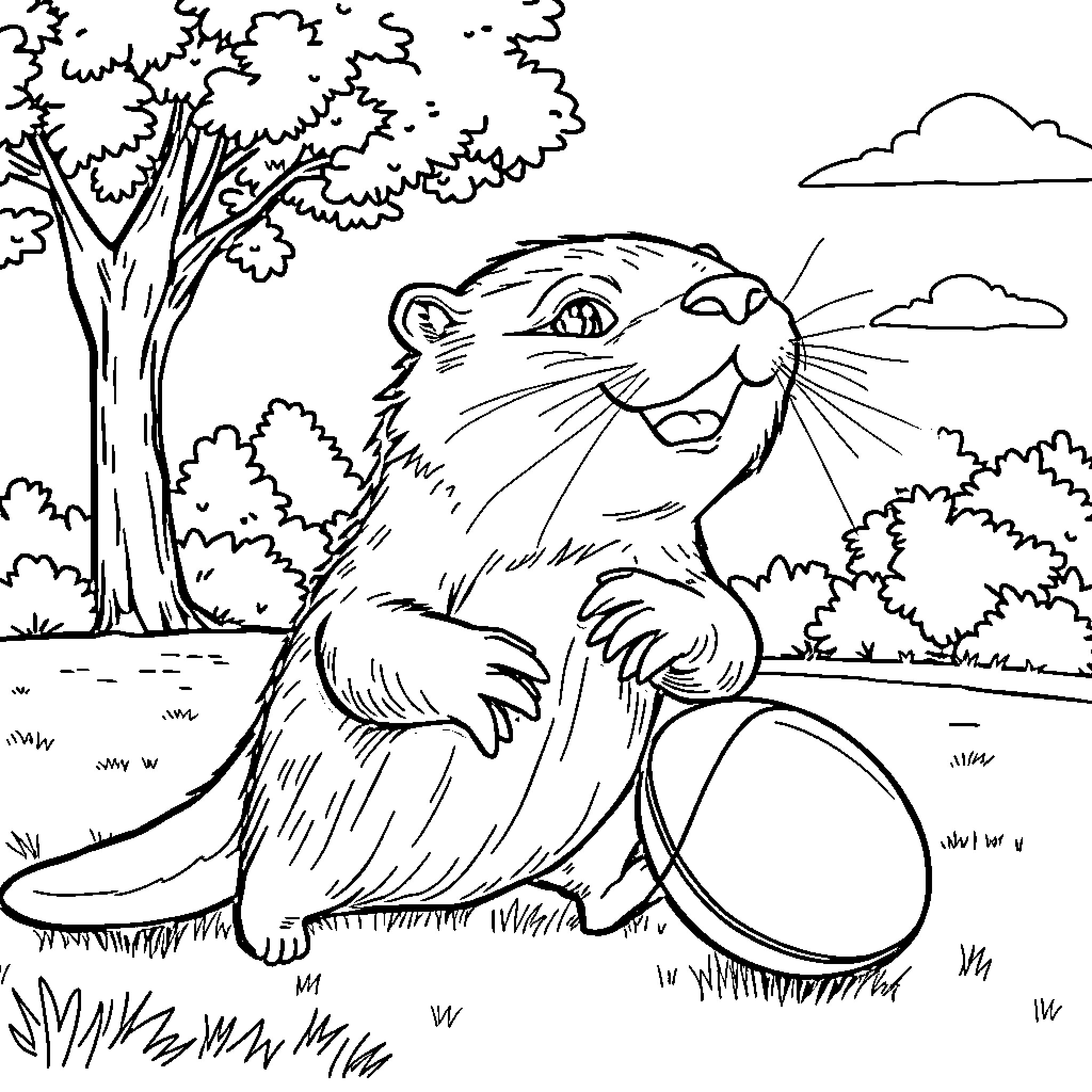 Otter exploring the forest Coloring Page (free black-and-white line drawing printable PDF for all, from beginners to advanced learners, including children, teens, adults, and seniors)
