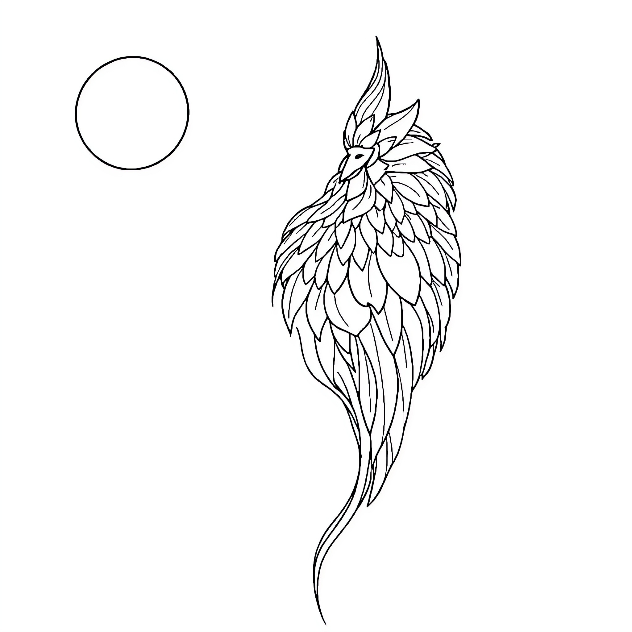 Coming Forth Winged Creature in Stylized Design Coloring Page (free black-and-white line drawing printable PDF for all, from beginners to advanced learners, including children, teens, adults, and seniors)