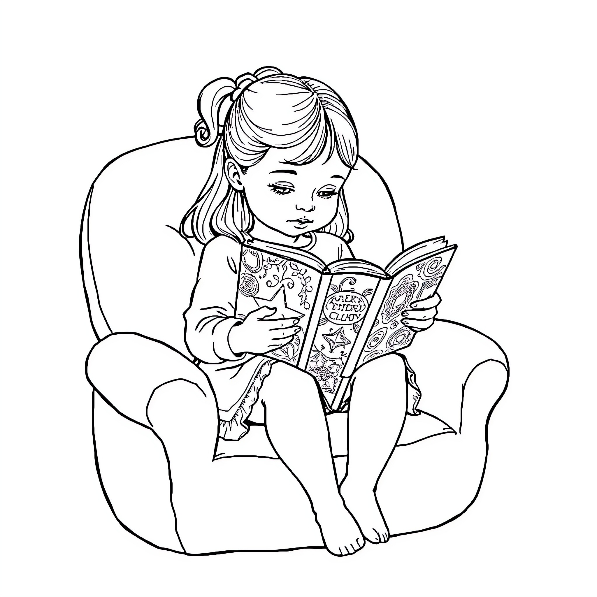 Girl reading storybook in cozy chair Coloring Page (free black-and-white line drawing printable PDF for all, from beginners to advanced learners, including children, teens, adults, and seniors)