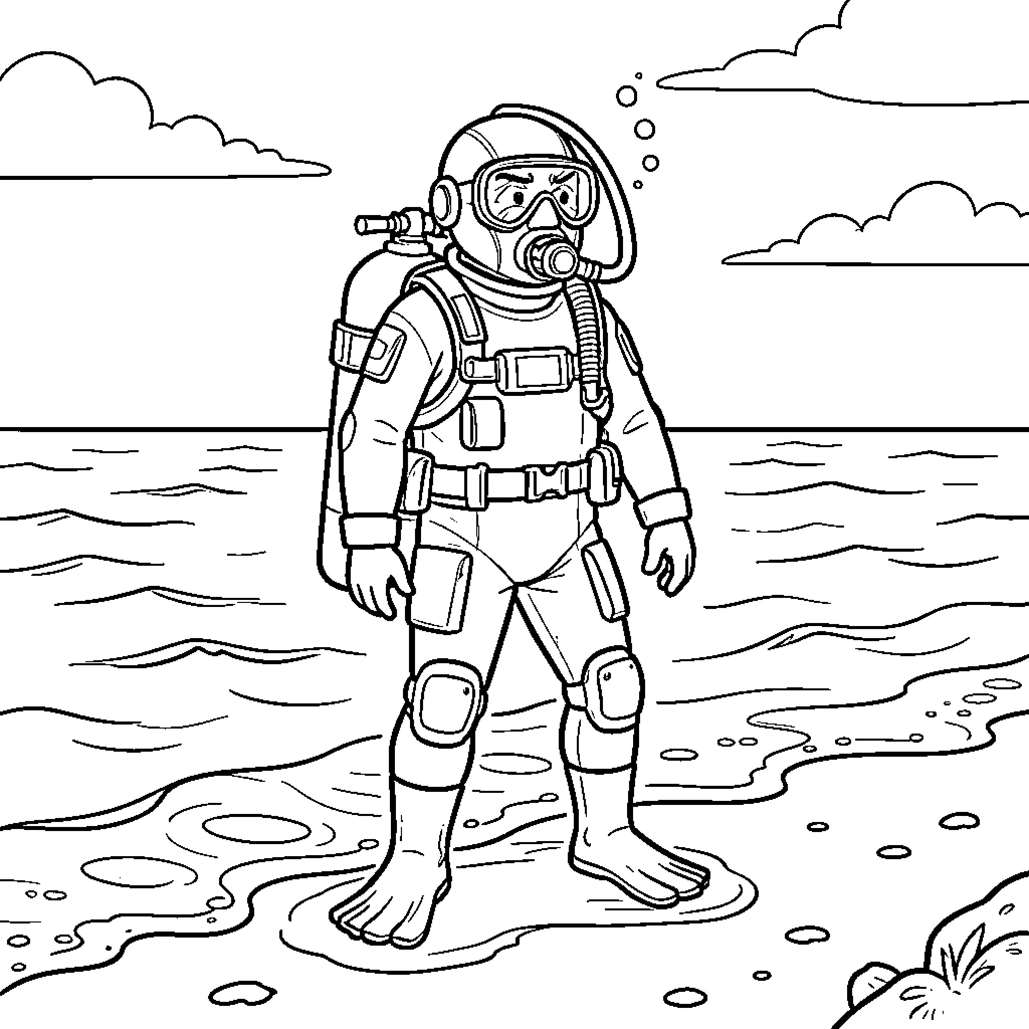 Plongeur en tenue complète marchant sur la plage Coloring Page (free black-and-white line drawing printable PDF for all, from beginners to advanced learners, including children, teens, adults, and seniors)