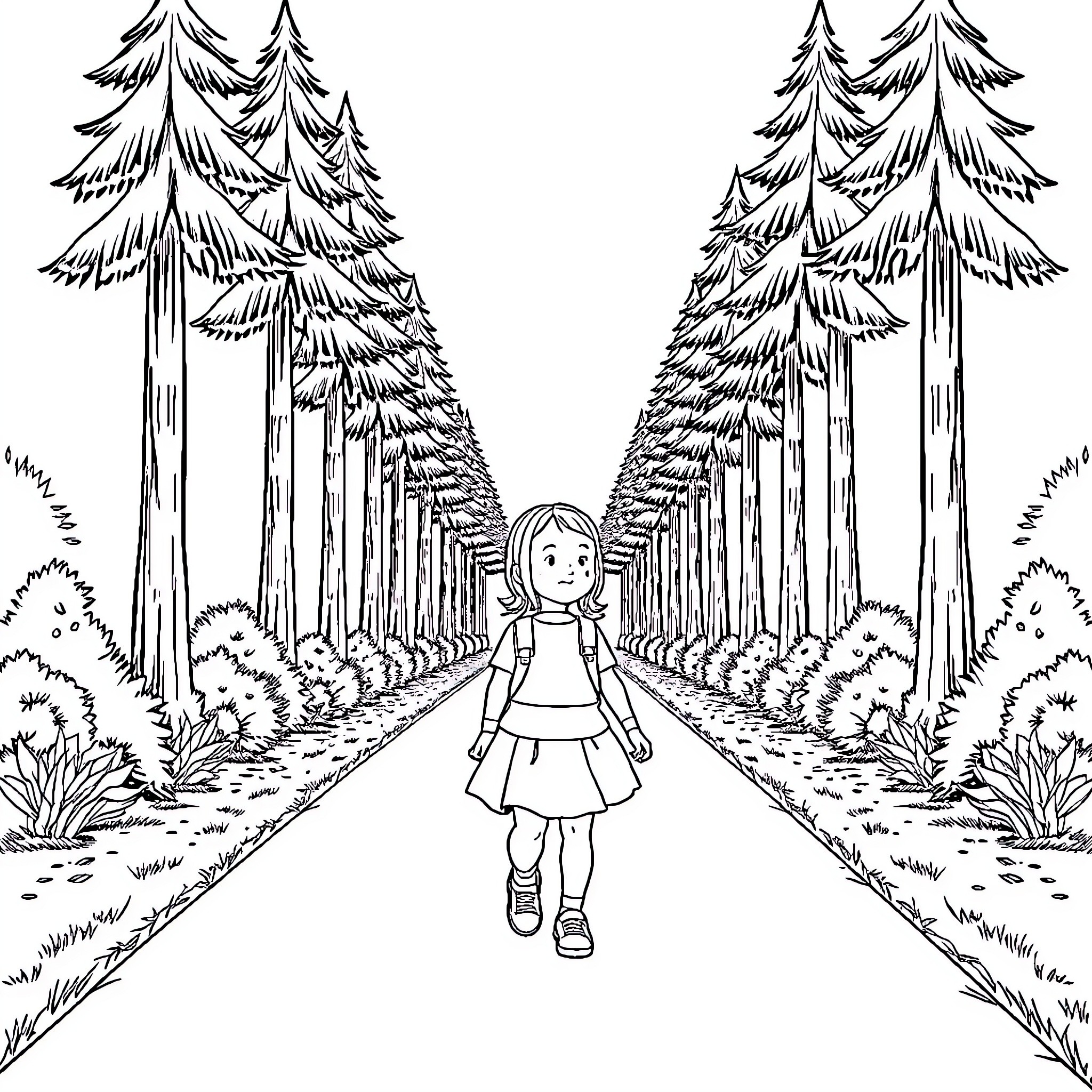 Girl walking in the enchanted forest Coloring Page (free black-and-white line drawing printable PDF for all, from beginners to advanced learners, including children, teens, adults, and seniors)