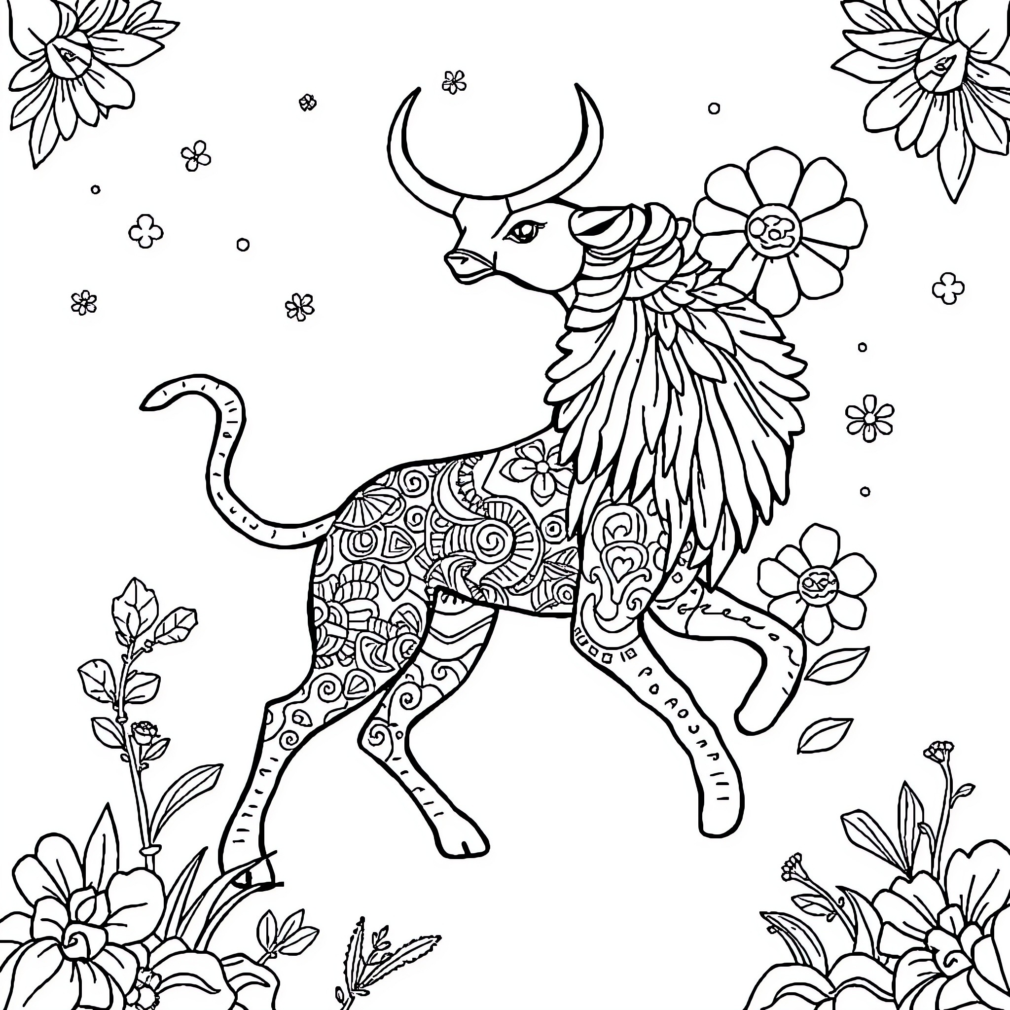 Wild Deer with Ornate Floral Design Coloring Page (free black-and-white line drawing printable PDF for all, from beginners to advanced learners, including children, teens, adults, and seniors)