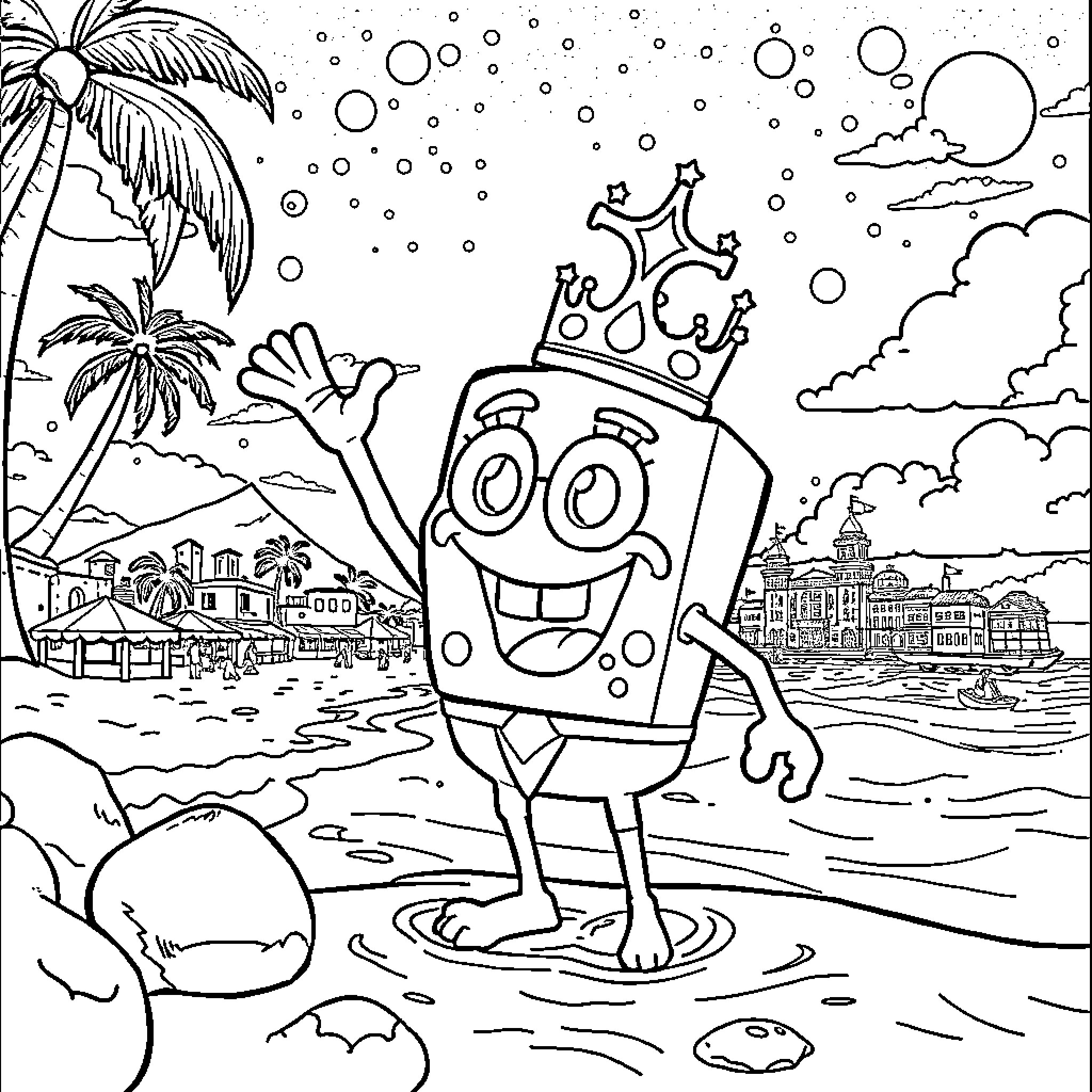 Bob esponja enjoying a day at the beach Coloring Page (free black-and-white line drawing printable PDF for all, from beginners to advanced learners, including children, teens, adults, and seniors)
