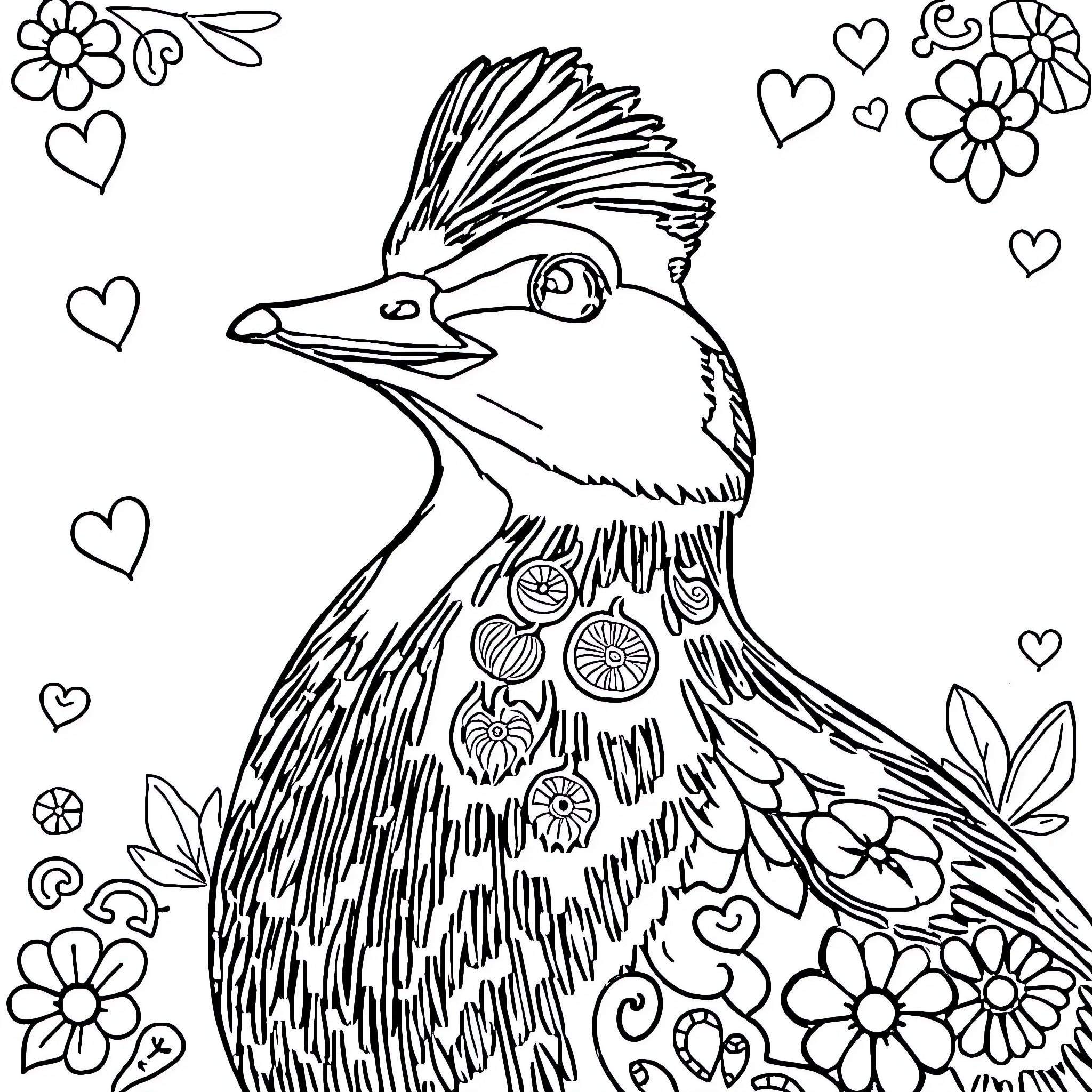 Duck with decorative feathers and flowers Coloring Page (free black-and-white line drawing printable PDF for all, from beginners to advanced learners, including children, teens, adults, and seniors)