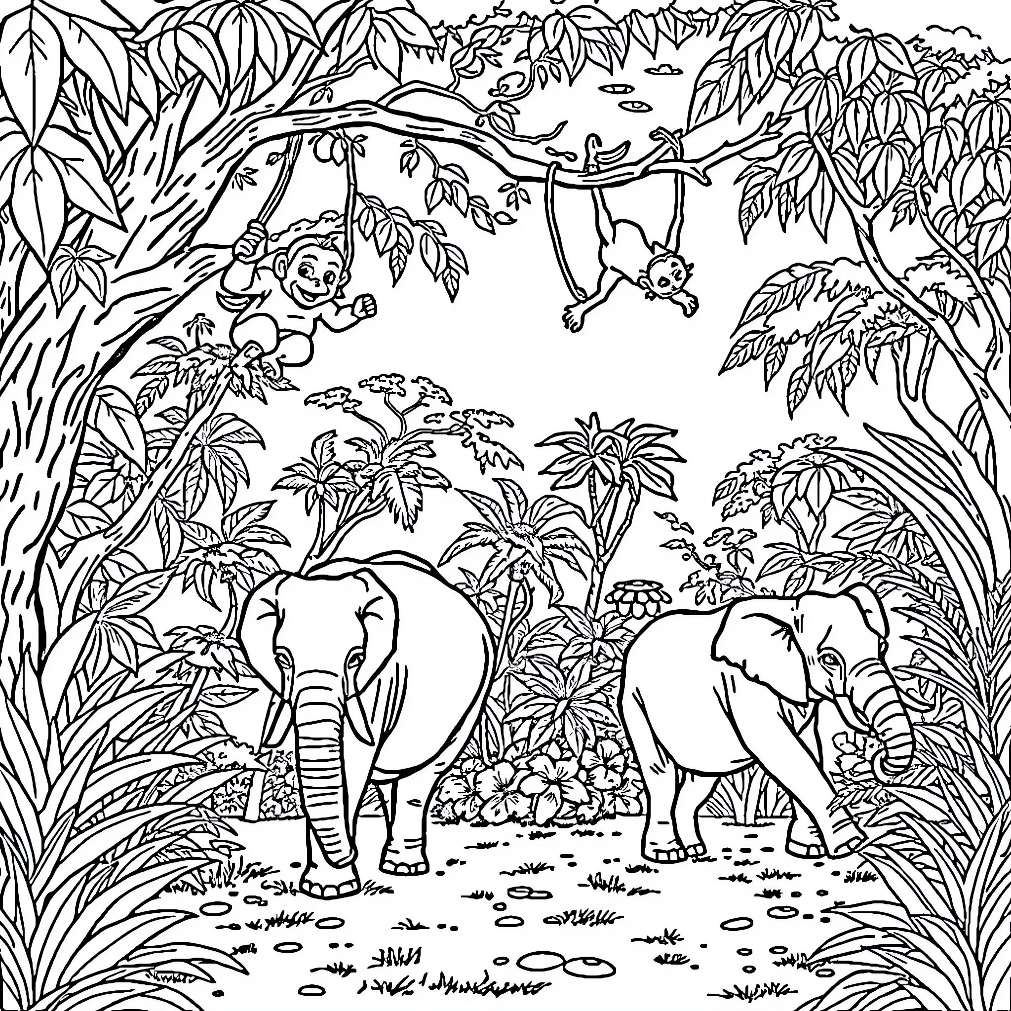 Elephants roaming in the lush jungle Coloring Page (free black-and-white line drawing printable PDF for all, from beginners to advanced learners, including children, teens, adults, and seniors)