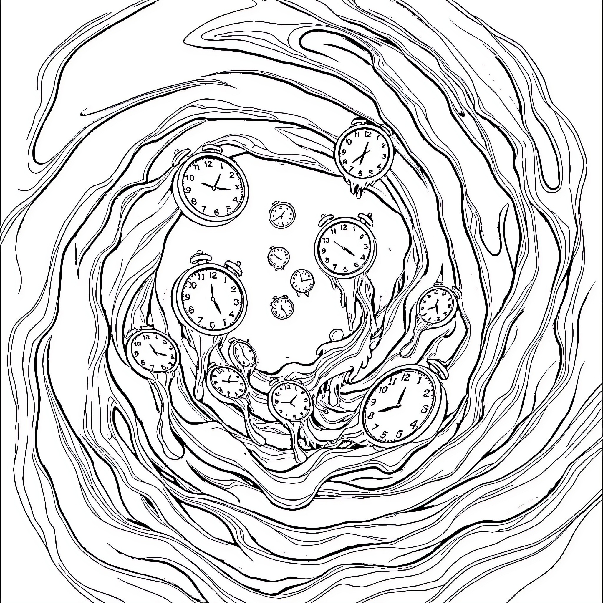 Clock Swirling in a Surreal Vortex Coloring Page (free black-and-white line drawing printable PDF for all, from beginners to advanced learners, including children, teens, adults, and seniors)