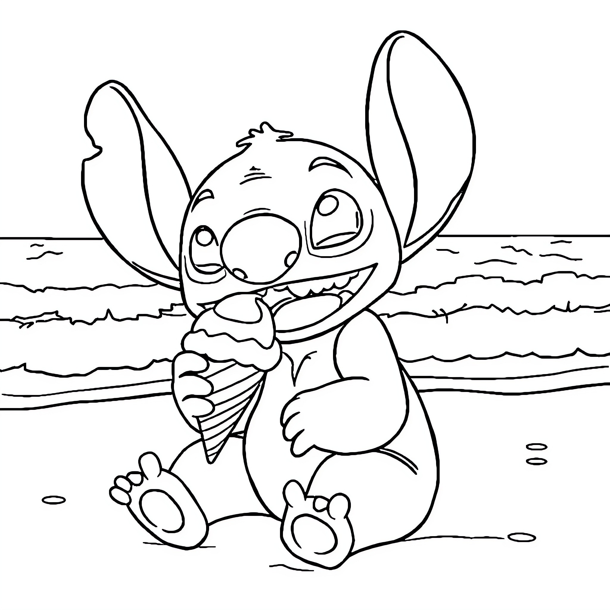 Stitch playing happily on the beach Coloring Page (free black-and-white line drawing printable PDF for all, from beginners to advanced learners, including children, teens, adults, and seniors)