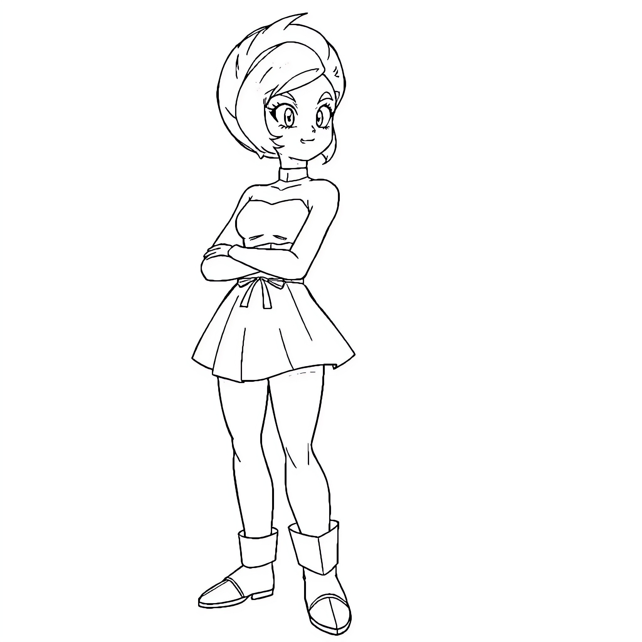 Bulma's Confident Pose in Casual Attire Coloring Page (free black-and-white line drawing printable PDF for all, from beginners to advanced learners, including children, teens, adults, and seniors)
