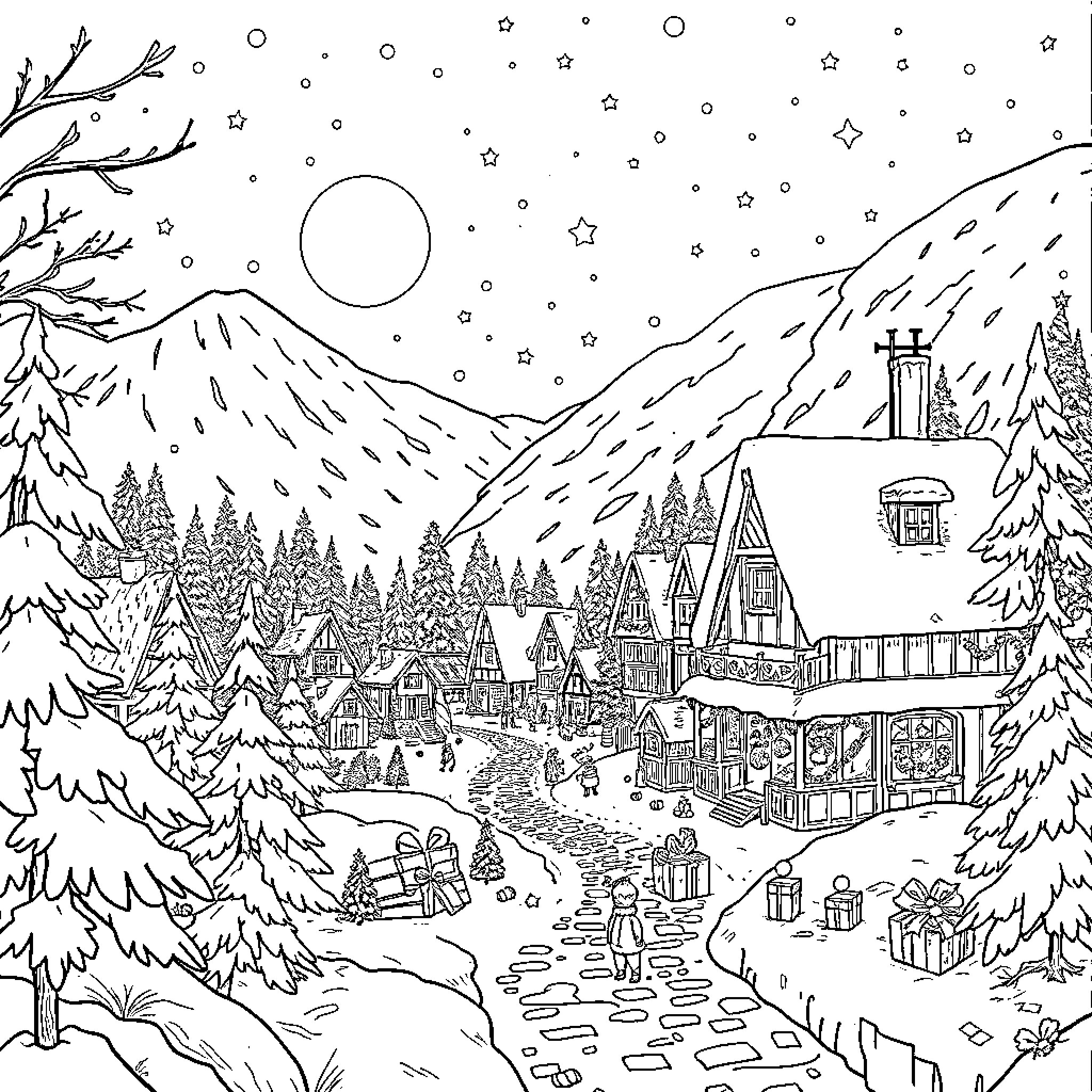 Village Winter Wonderland Scene Coloring Page (free black-and-white line drawing printable PDF for all, from beginners to advanced learners, including children, teens, adults, and seniors)