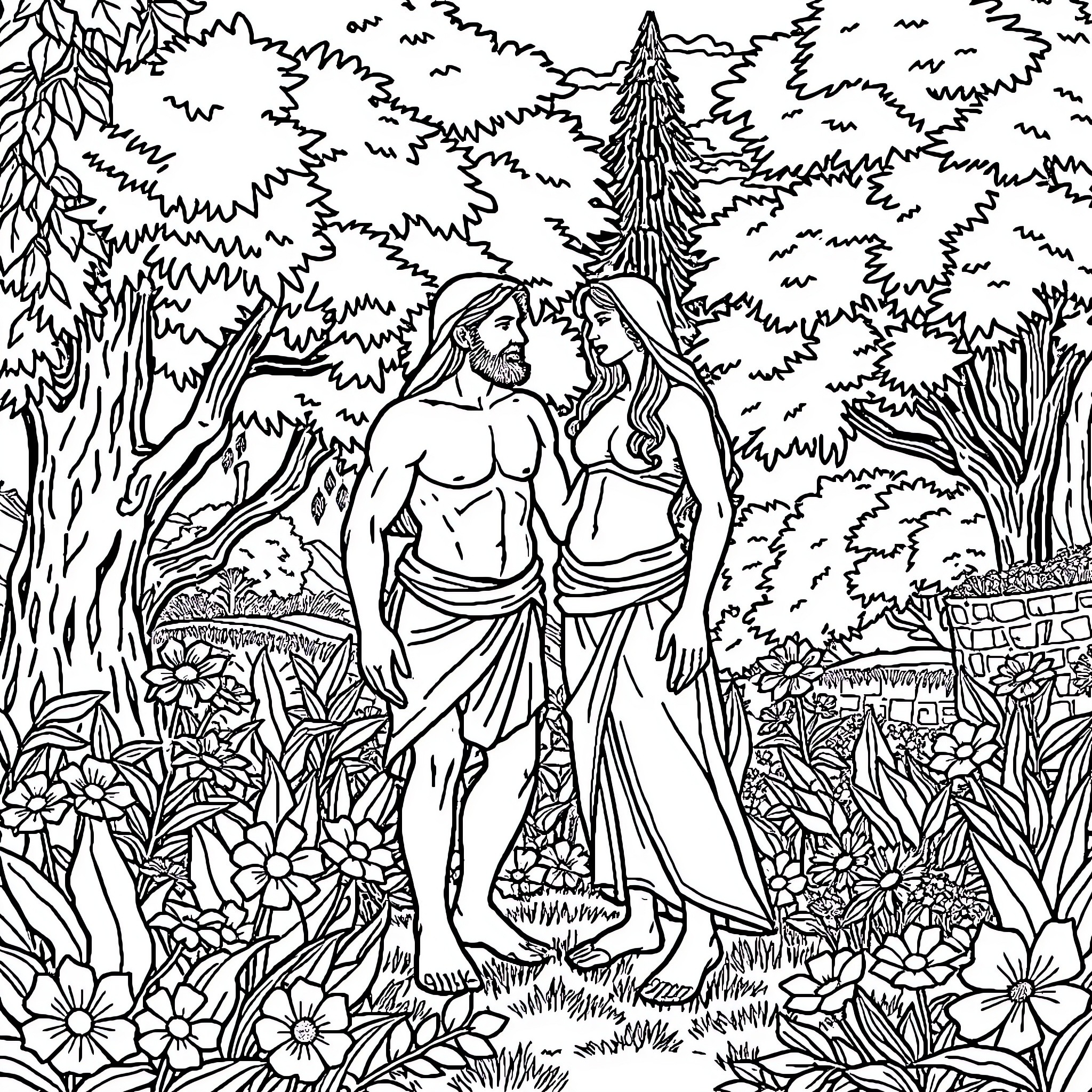 Adam and Eve in the Garden of Eden Coloring Page (free black-and-white line drawing printable PDF for all, from beginners to advanced learners, including children, teens, adults, and seniors)