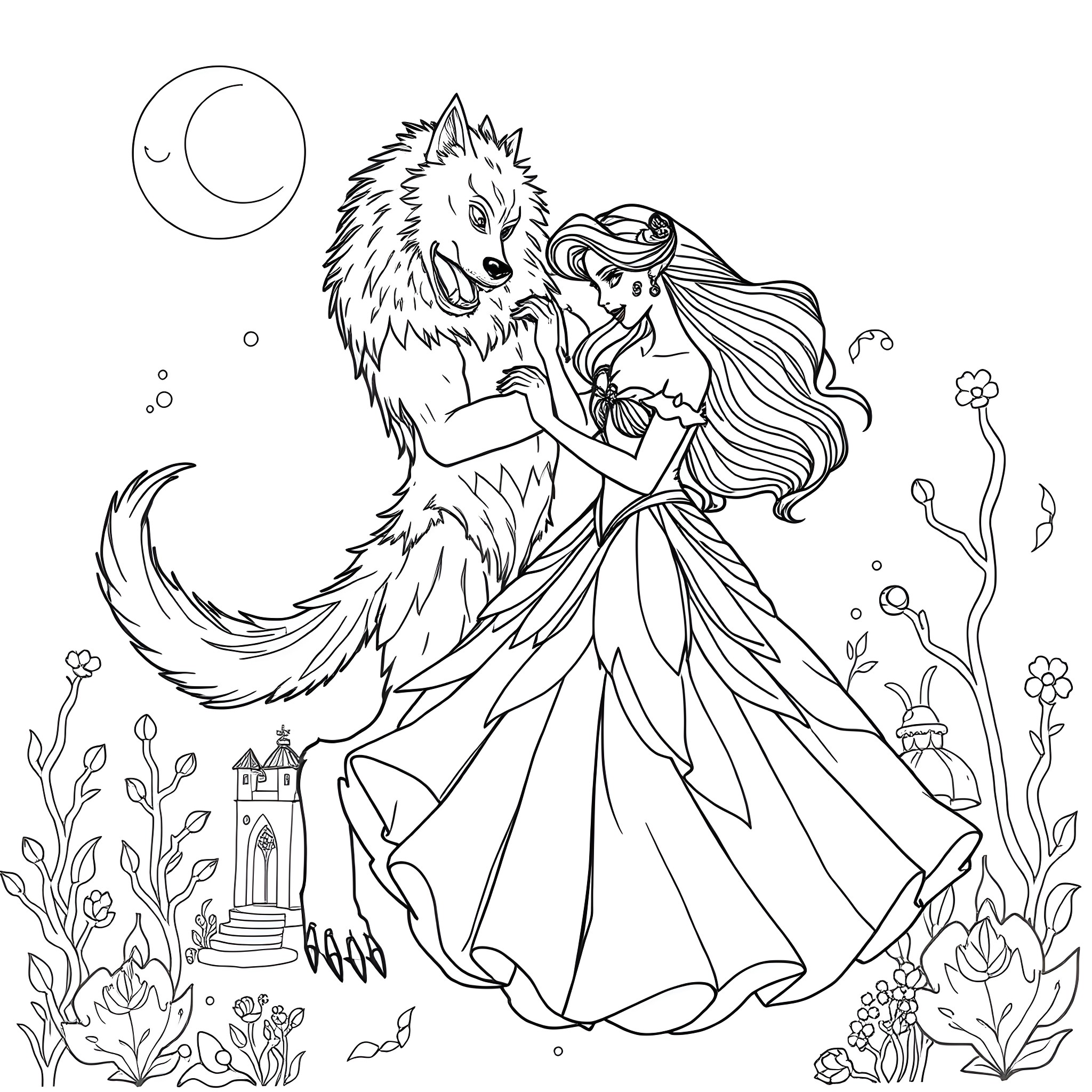 Hound and maiden dancing in the moonlit garden Coloring Page (free black-and-white line drawing printable PDF for all, from beginners to advanced learners, including children, teens, adults, and seniors)