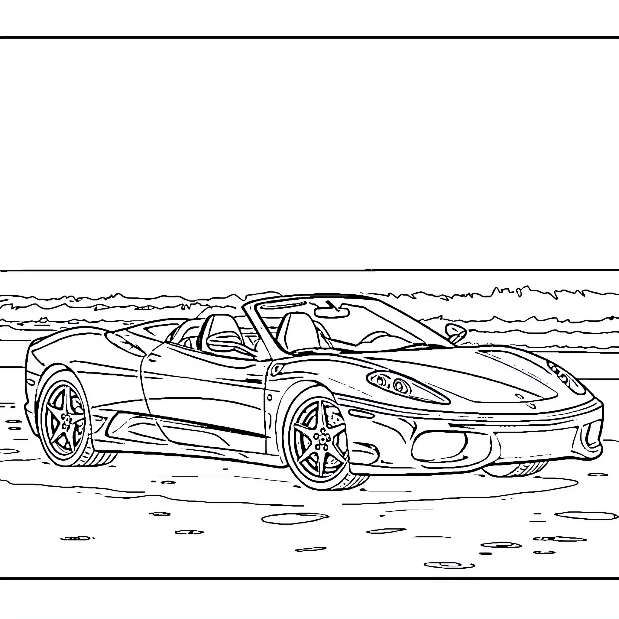 Ferrari sports car on the beach Coloring Page (free black-and-white line drawing printable PDF for all, from beginners to advanced learners, including children, teens, adults, and seniors)