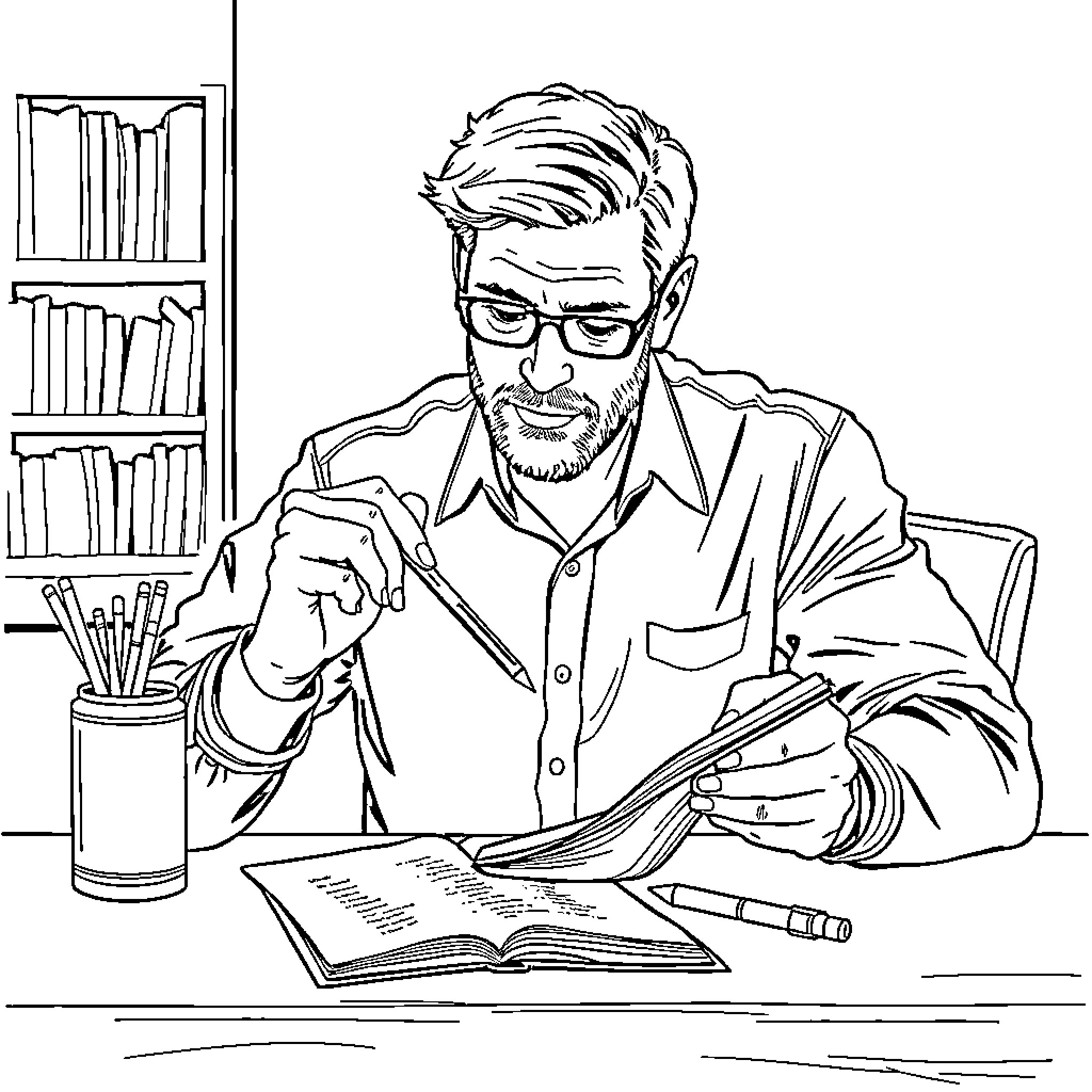 Man Intently Reading and Writing at Desk Coloring Page (free black-and-white line drawing printable PDF for all, from beginners to advanced learners, including children, teens, adults, and seniors)