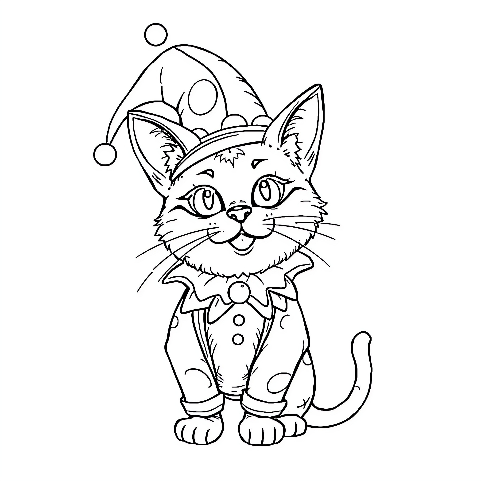 Cat dressed in clown costume Coloring Page (free black-and-white line drawing printable PDF for all, from beginners to advanced learners, including children, teens, adults, and seniors)