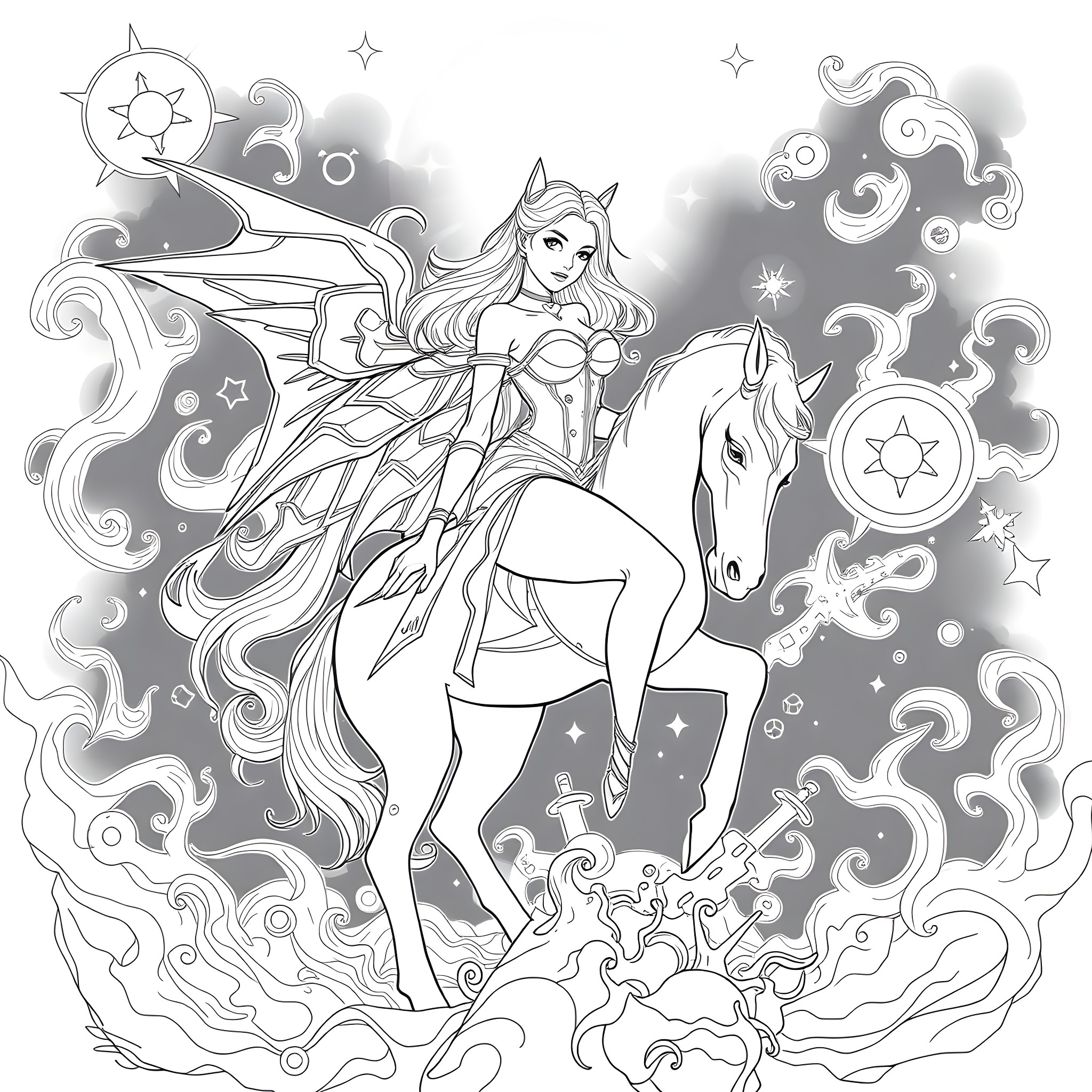Charlie Morningstar riding a majestic unicorn in a magical realm Coloring Page (free black-and-white line drawing printable PDF for all, from beginners to advanced learners, including children, teens, adults, and seniors)