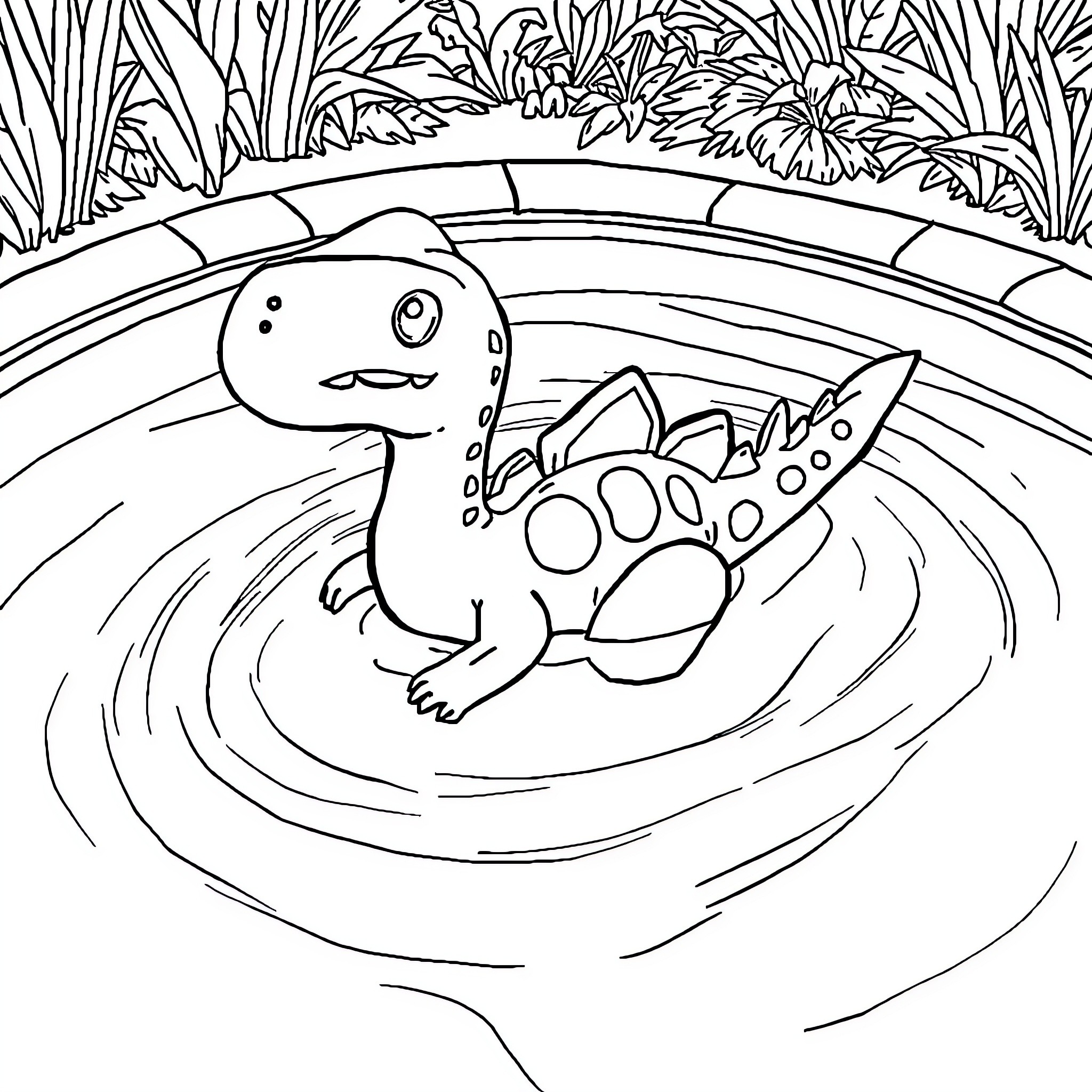 Dino swimming happily in a pond Coloring Page (free black-and-white line drawing printable PDF for all, from beginners to advanced learners, including children, teens, adults, and seniors)