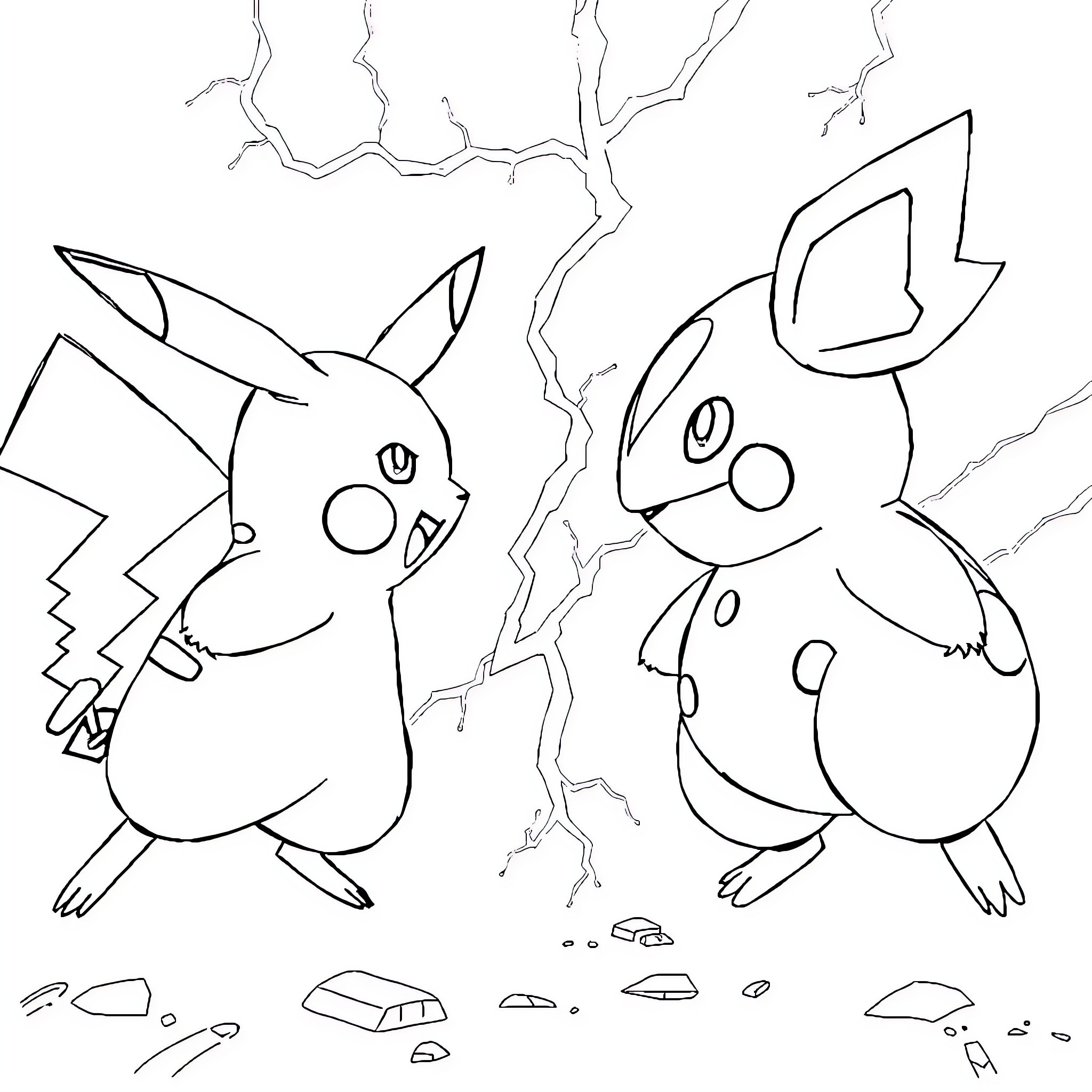 Pikachu and Raichu battling in a stormy landscape Coloring Page (free black-and-white line drawing printable PDF for all, from beginners to advanced learners, including children, teens, adults, and seniors)