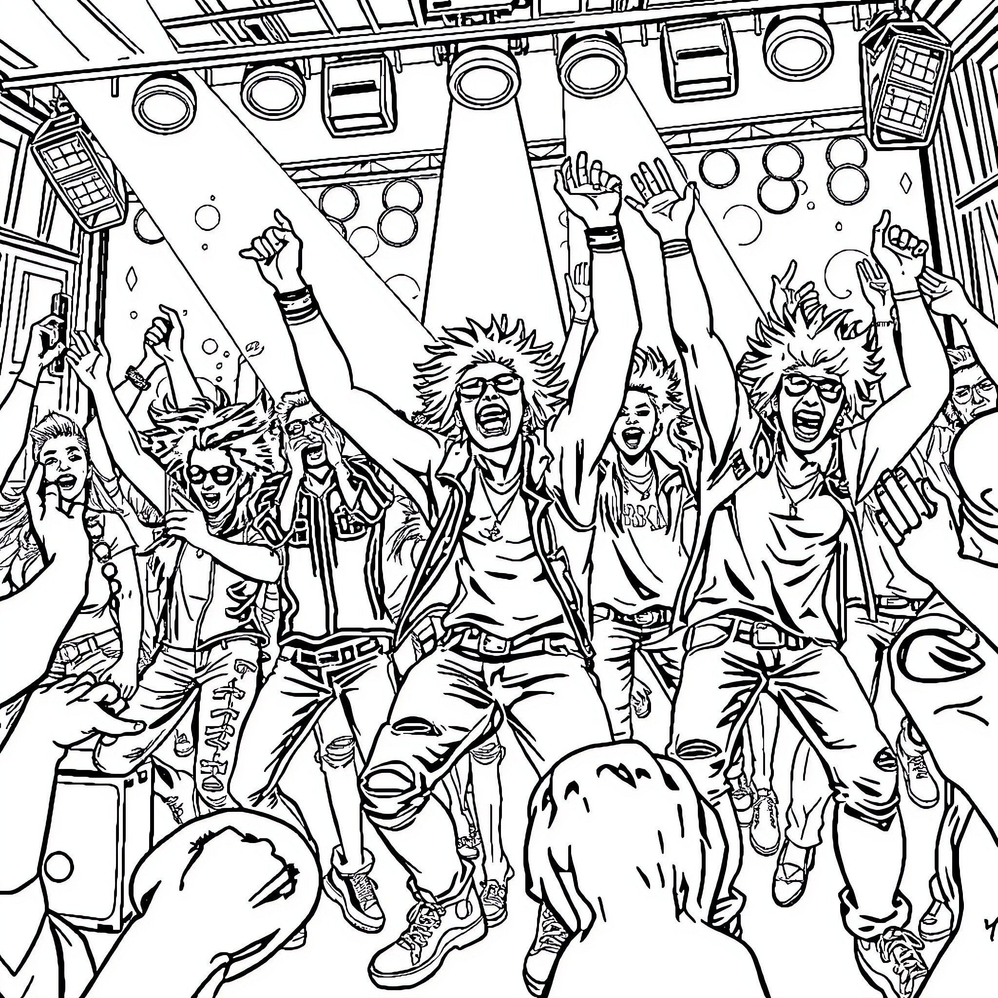 Punk Crowd Rocking Out at a Lively Concert Coloring Page (free black-and-white line drawing printable PDF for all, from beginners to advanced learners, including children, teens, adults, and seniors)