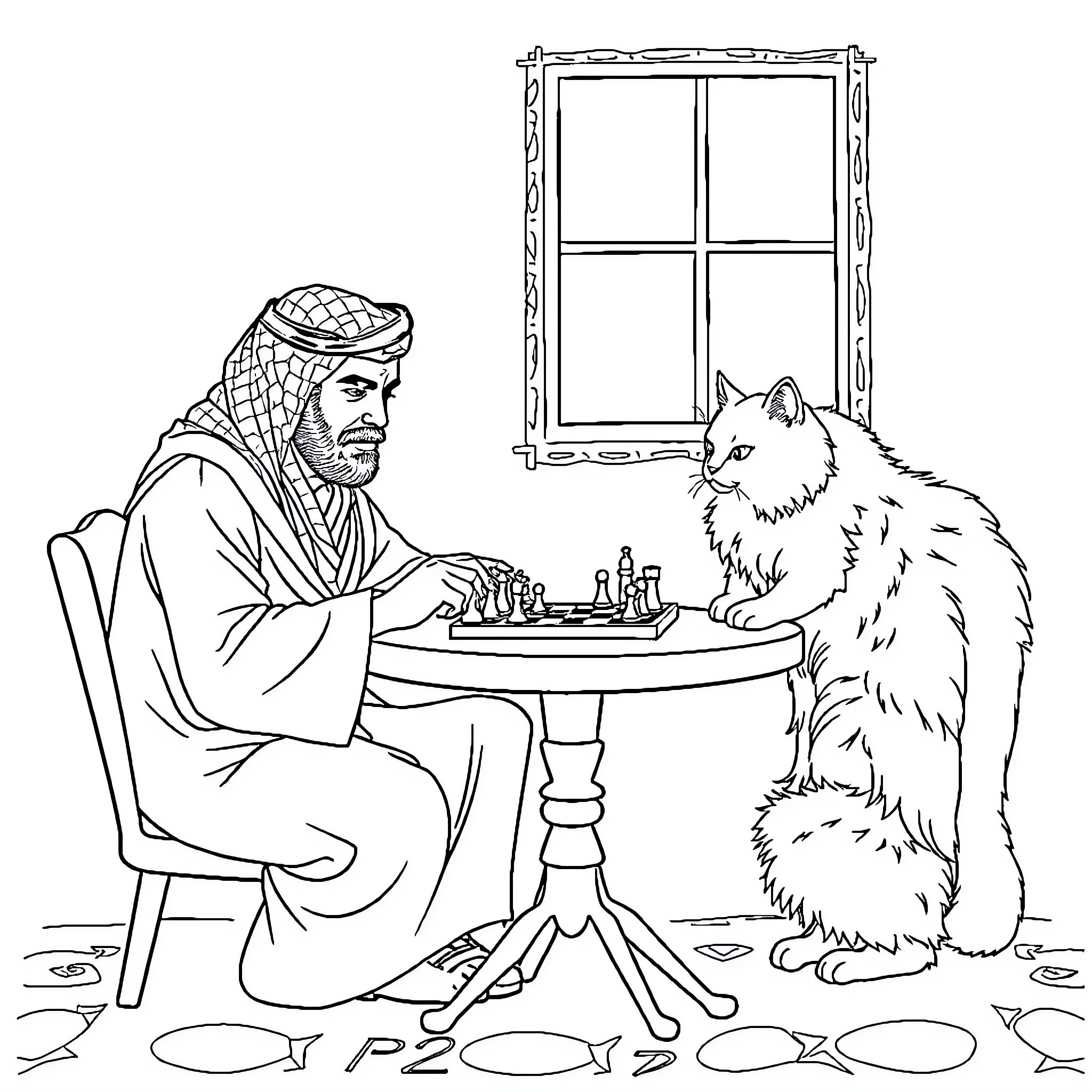 Mo Salah playing chess with his feline companion Coloring Page (free black-and-white line drawing printable PDF for all, from beginners to advanced learners, including children, teens, adults, and seniors)