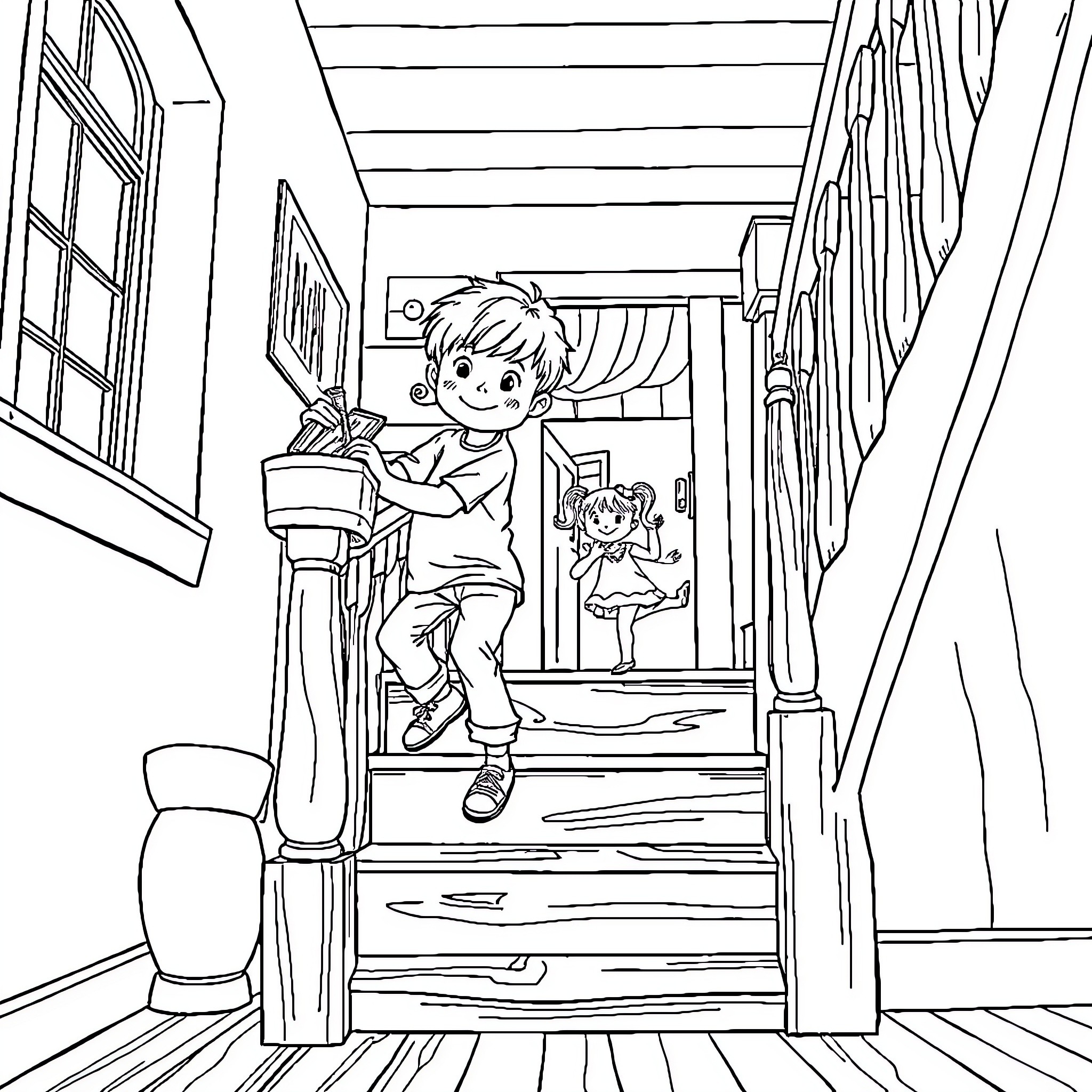 Child Enjoying Time in Cozy Home Coloring Page (free black-and-white line drawing printable PDF for all, from beginners to advanced learners, including children, teens, adults, and seniors)