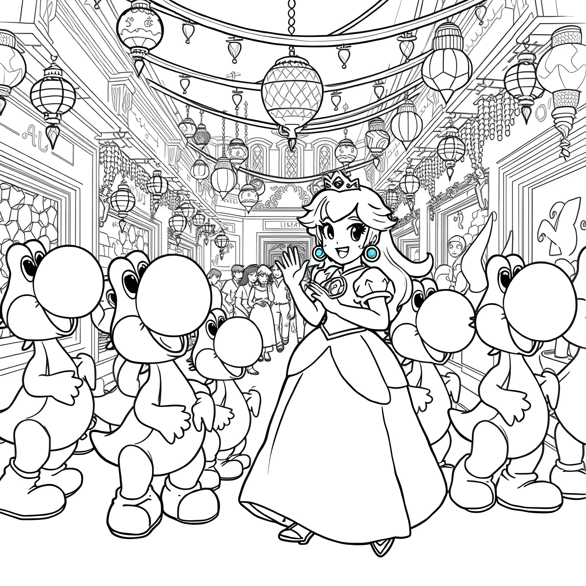 Princess Peach enjoying a parade with Toads Coloring Page (free black-and-white line drawing printable PDF for all, from beginners to advanced learners, including children, teens, adults, and seniors)
