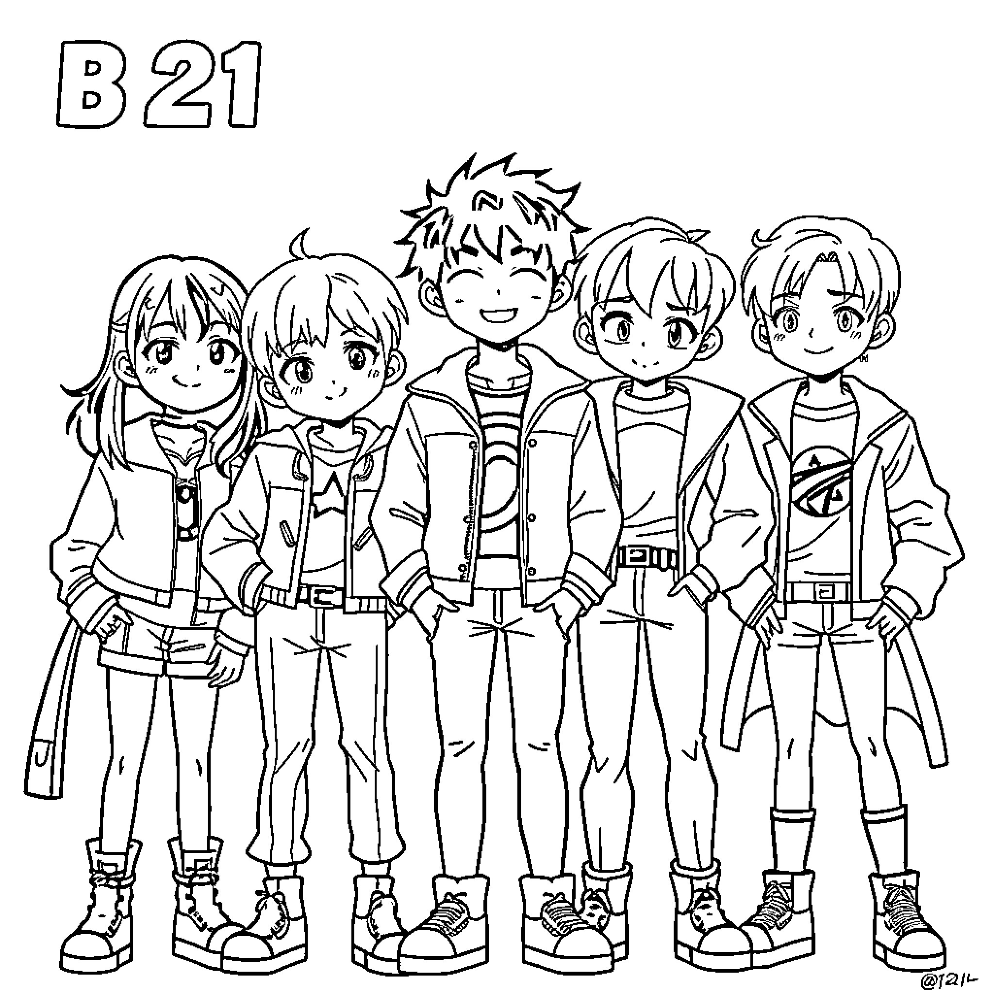 BT21 Characters in Casual Outfits and Poses Coloring Page (free black-and-white line drawing printable PDF for all, from beginners to advanced learners, including children, teens, adults, and seniors)
