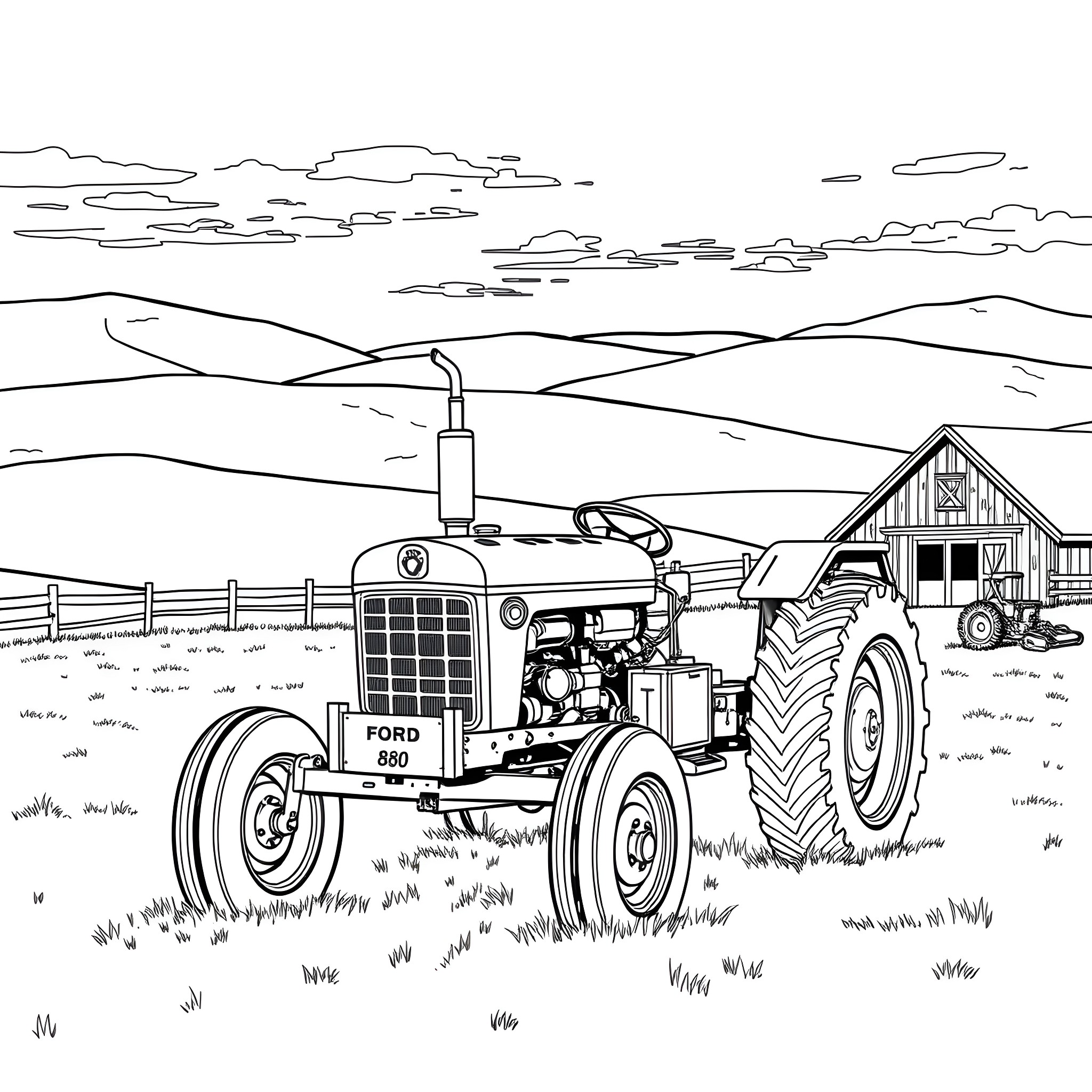 Ford 860 Tractor in Picturesque Rural Landscape Coloring Page (free black-and-white line drawing printable PDF for all, from beginners to advanced learners, including children, teens, adults, and seniors)