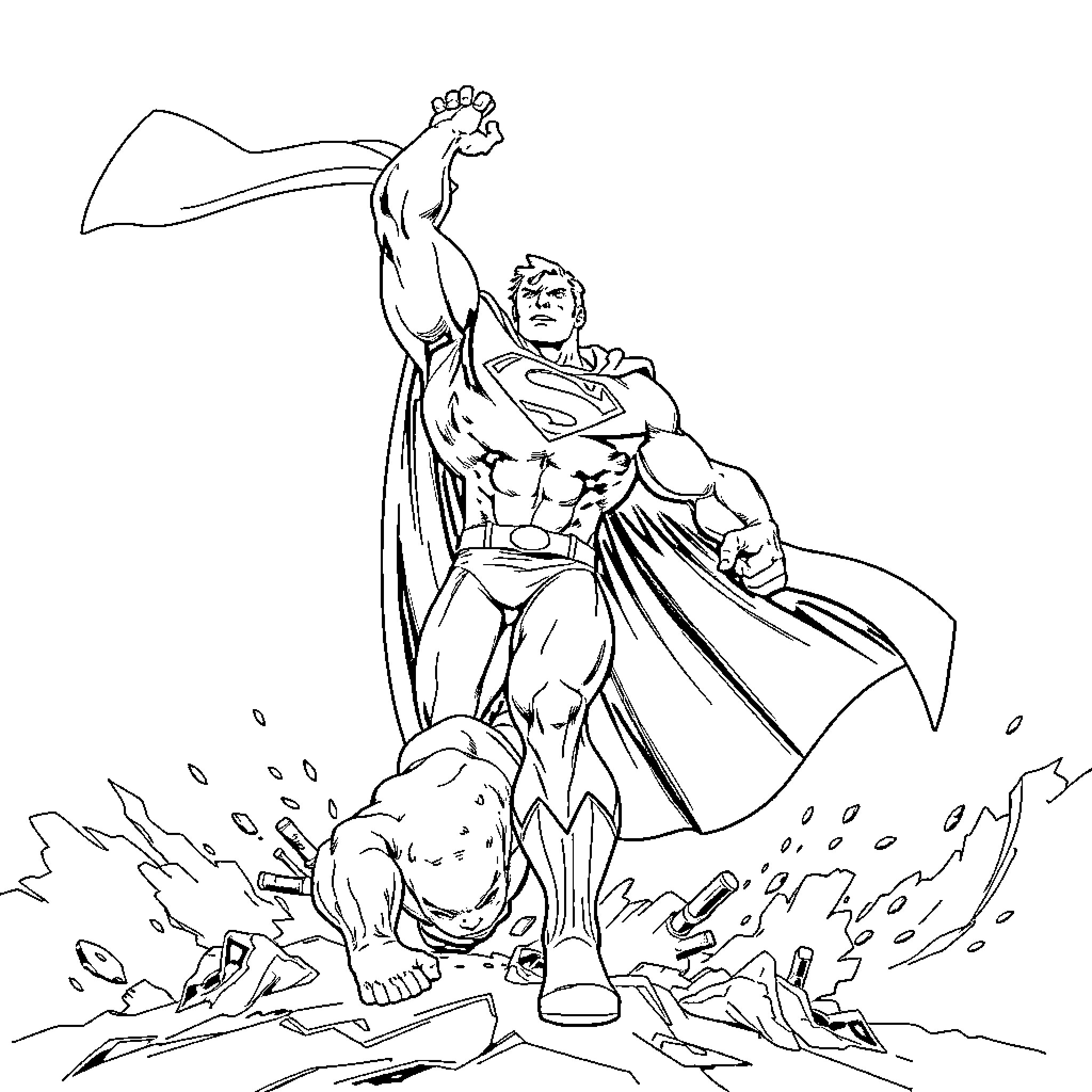 Superman triumphantly stands over a defeated foe Coloring Page (free black-and-white line drawing printable PDF for all, from beginners to advanced learners, including children, teens, adults, and seniors)