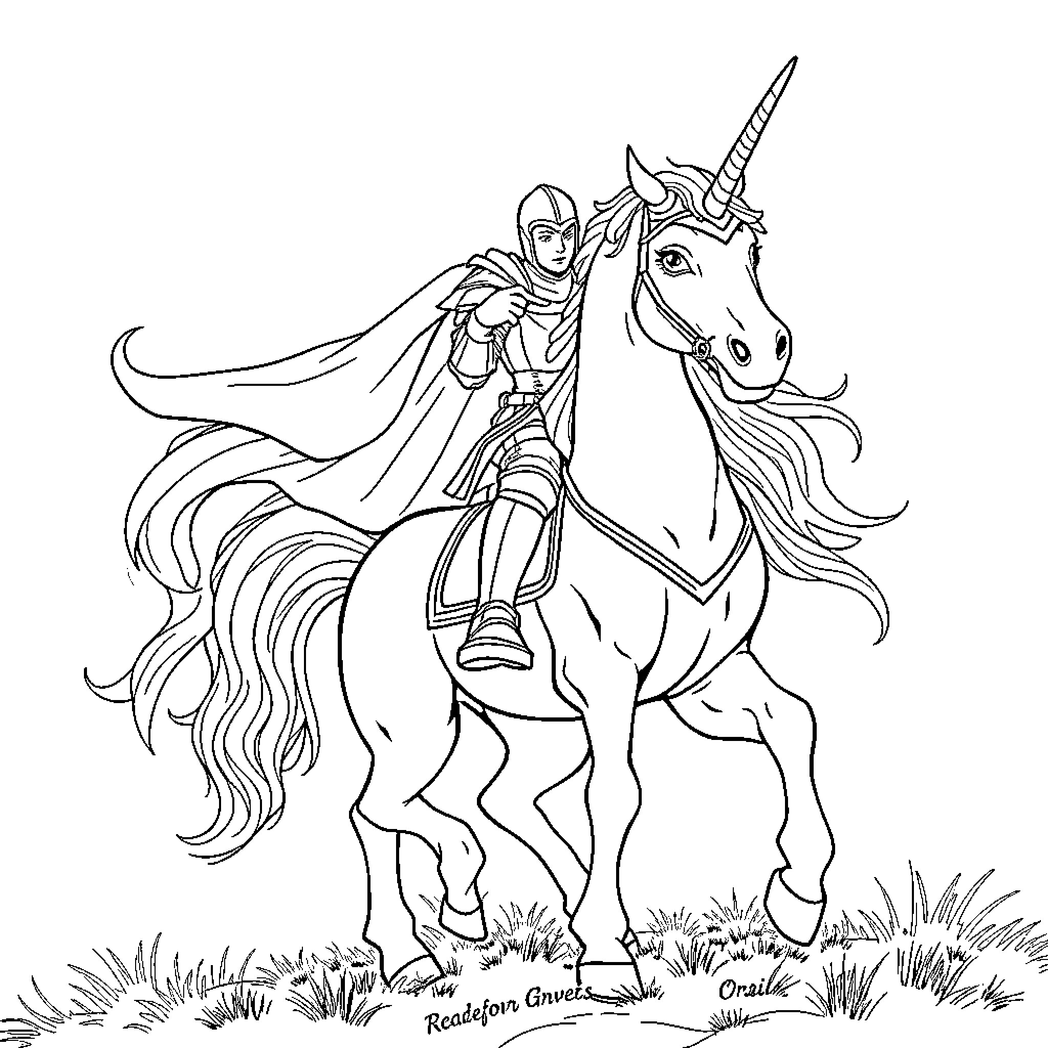 Knight riding a majestic unicorn in the meadow Coloring Page (free black-and-white line drawing printable PDF for all, from beginners to advanced learners, including children, teens, adults, and seniors)