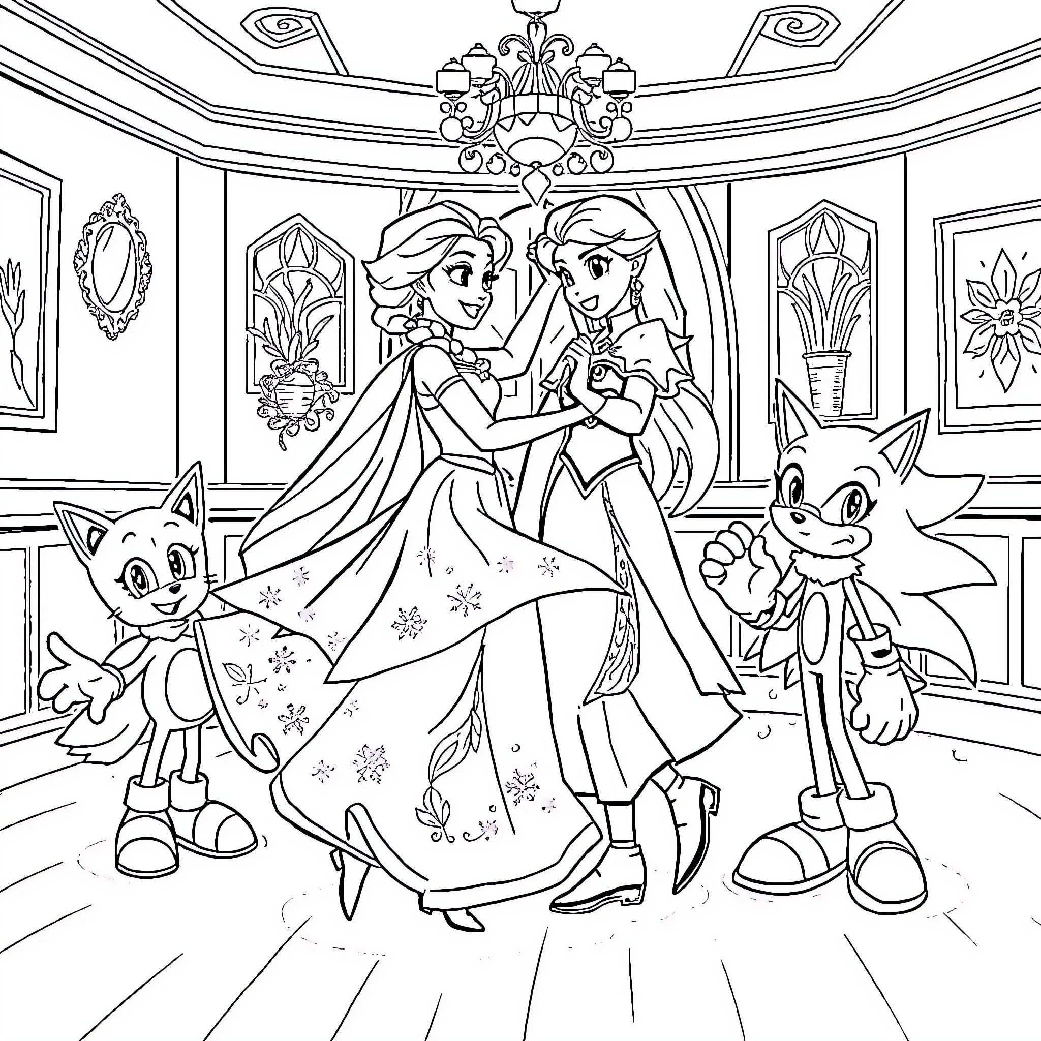 Elsa and Anna dancing joyfully in the castle Coloring Page (free black-and-white line drawing printable PDF for all, from beginners to advanced learners, including children, teens, adults, and seniors)