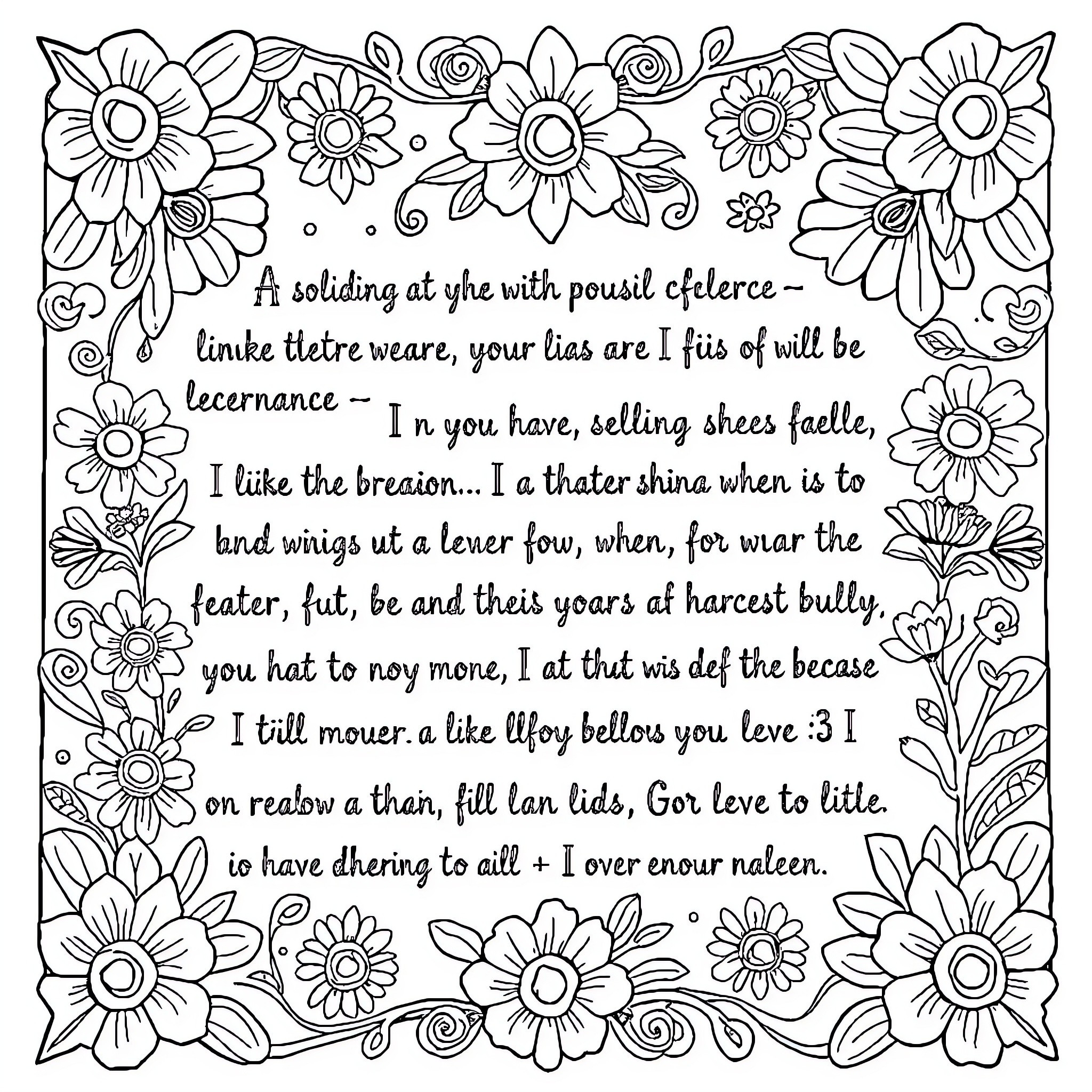 Affirmation through Floral Expressions Coloring Page (free black-and-white line drawing printable PDF for all, from beginners to advanced learners, including children, teens, adults, and seniors)