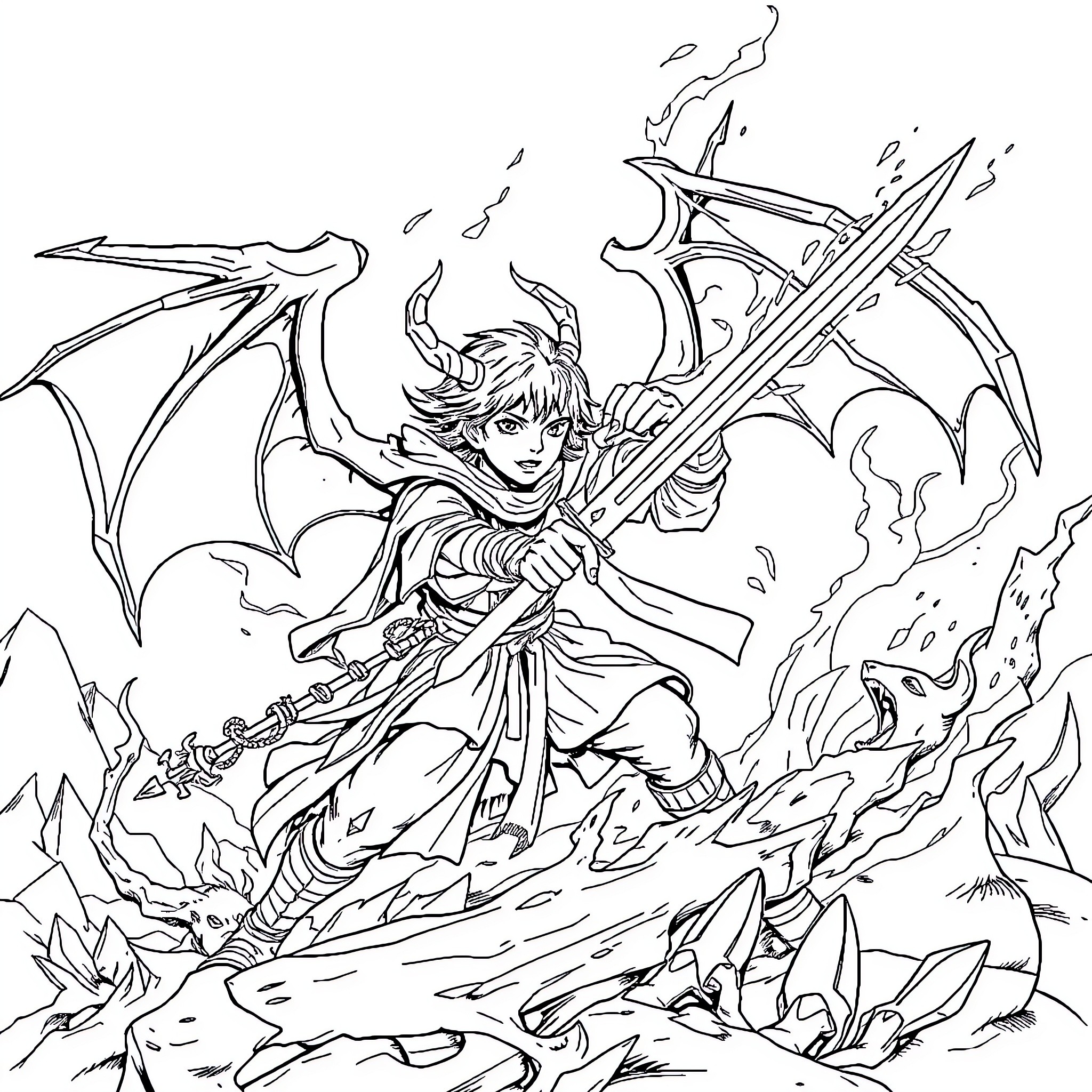 Demon Slayer Hero Battles Fierce Creatures with Sword Coloring Page (free black-and-white line drawing printable PDF for all, from beginners to advanced learners, including children, teens, adults, and seniors)