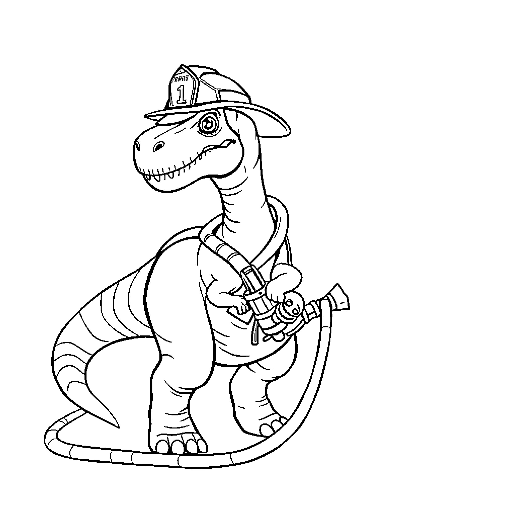 Diplodocus firefighter in action gear Coloring Page (free black-and-white line drawing printable PDF for all, from beginners to advanced learners, including children, teens, adults, and seniors)