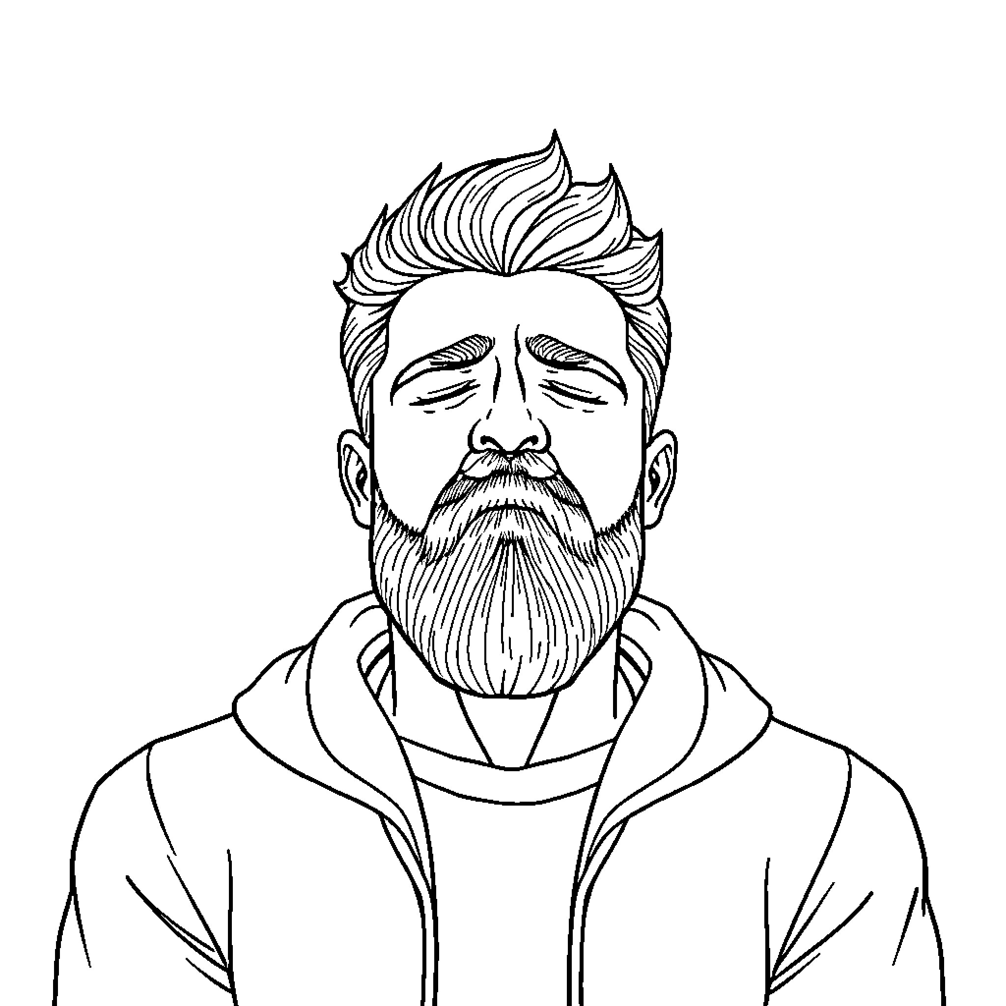 Stress Relief - Meditative Man with Beard Coloring Page (free black-and-white line drawing printable PDF for all, from beginners to advanced learners, including children, teens, adults, and seniors)