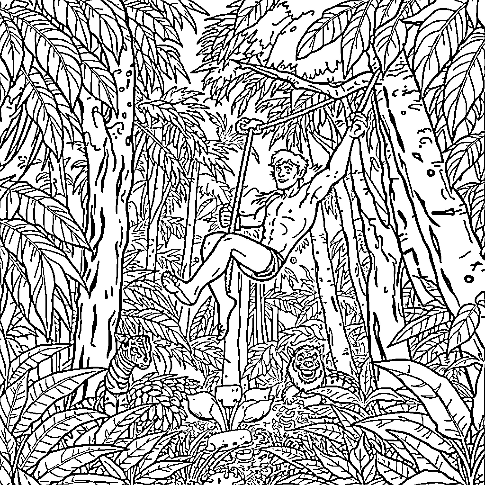 Tarzan swinging through the lush jungle Coloring Page (free black-and-white line drawing printable PDF for all, from beginners to advanced learners, including children, teens, adults, and seniors)