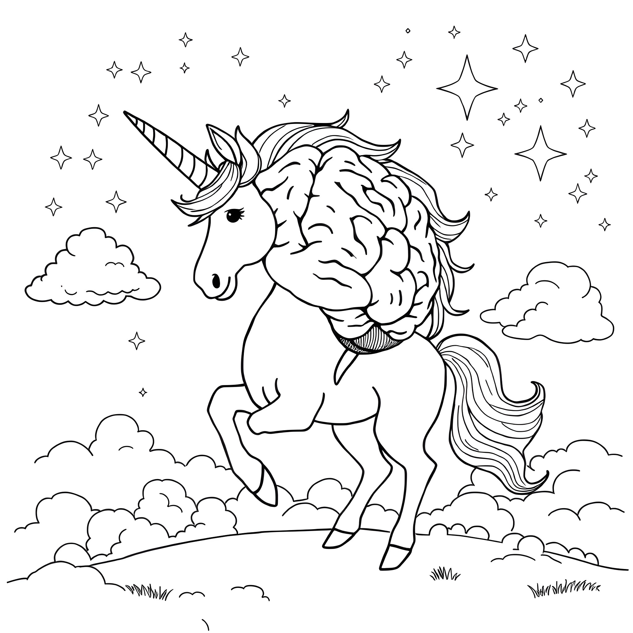 Unicorn walking in the magical clouds Coloring Page (free black-and-white line drawing printable PDF for all, from beginners to advanced learners, including children, teens, adults, and seniors)