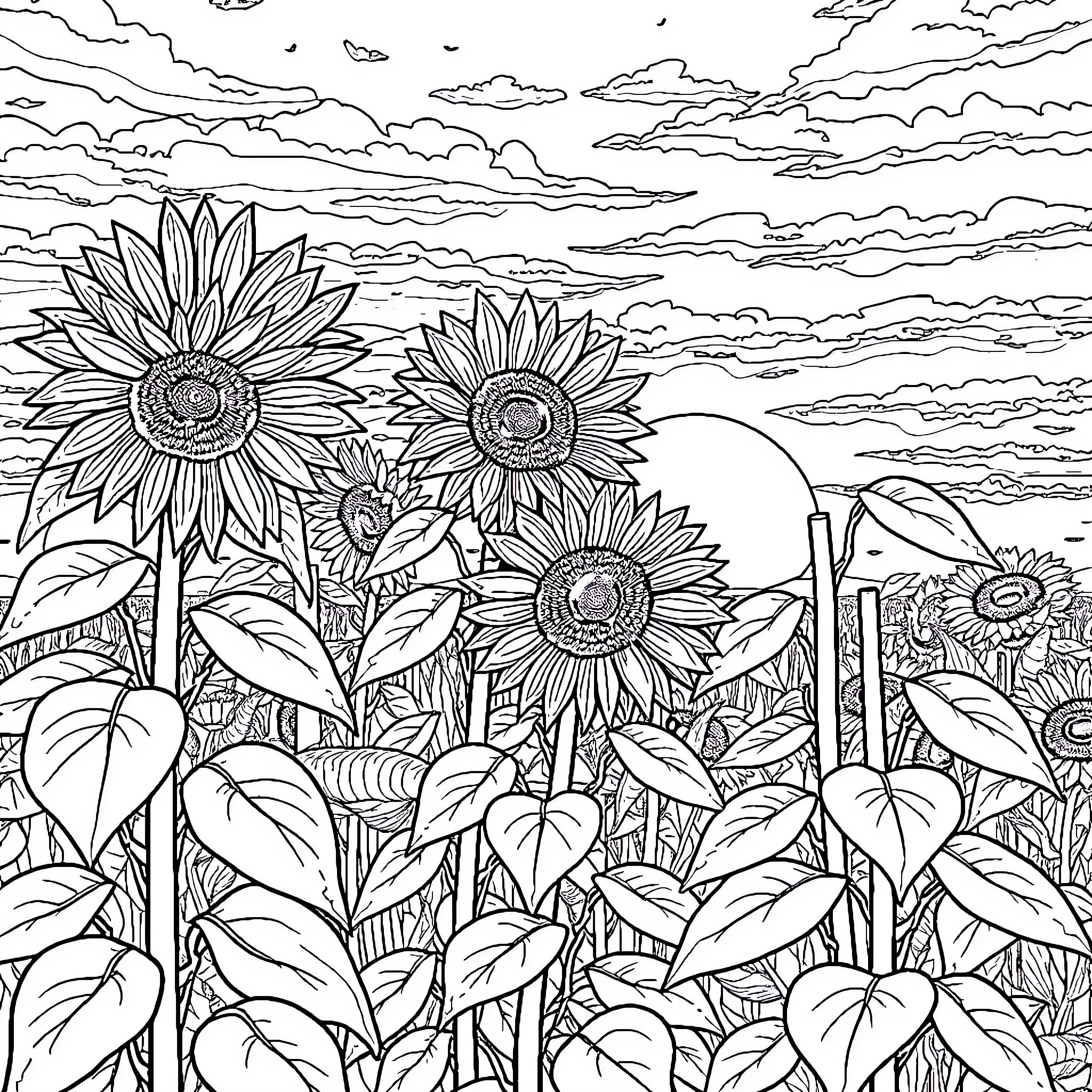 Sunflower field with cloudy sky Coloring Page (free black-and-white line drawing printable PDF for all, from beginners to advanced learners, including children, teens, adults, and seniors)