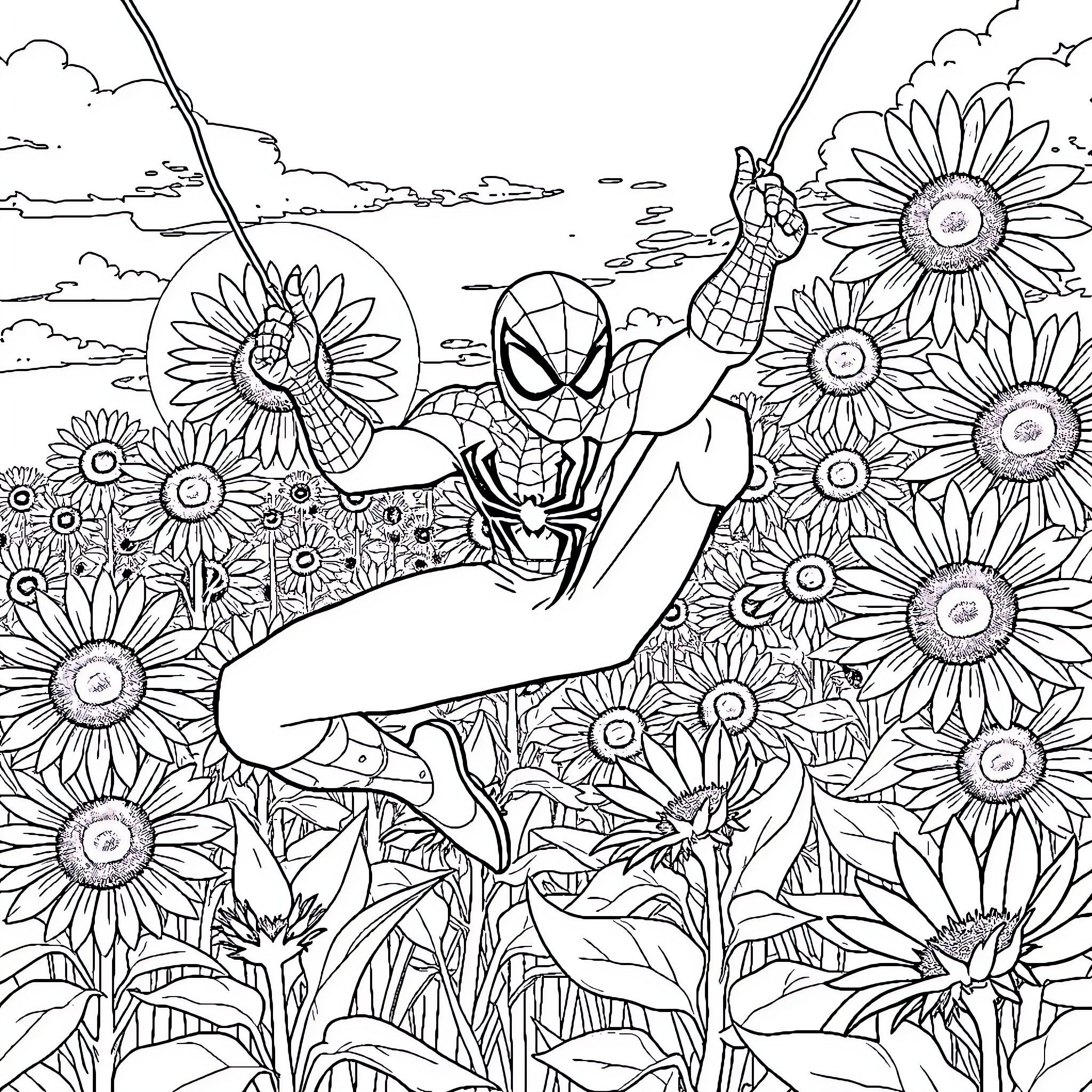 Spiderman swinging through a field of sunflowers Coloring Page (free black-and-white line drawing printable PDF for all, from beginners to advanced learners, including children, teens, adults, and seniors)
