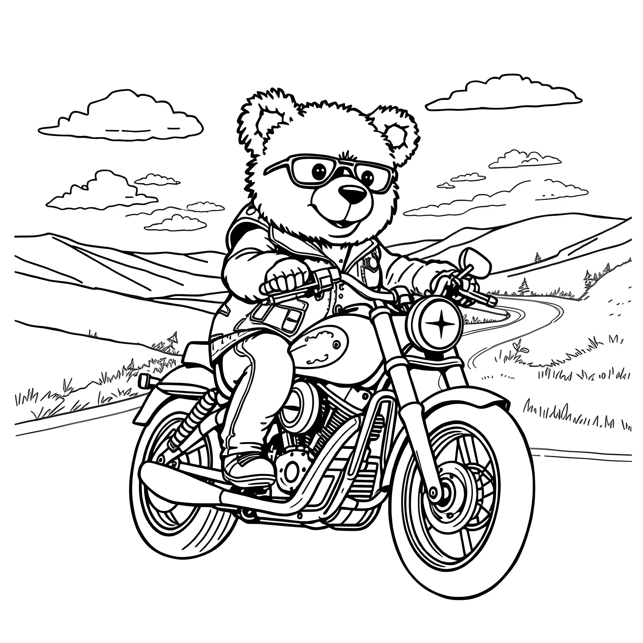 Teddy Bear riding a motorcycle in the countryside Coloring Page (free black-and-white line drawing printable PDF for all, from beginners to advanced learners, including children, teens, adults, and seniors)