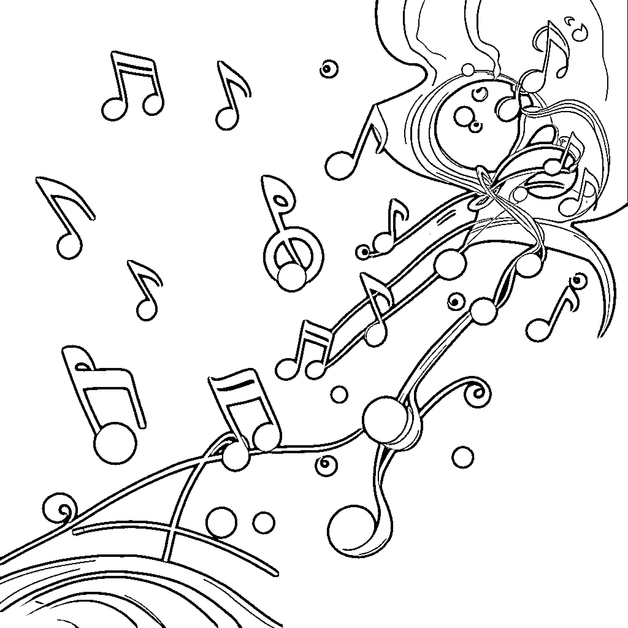 Music Note Whimsical Dance of Musical Symbols Coloring Page (free black-and-white line drawing printable PDF for all, from beginners to advanced learners, including children, teens, adults, and seniors)