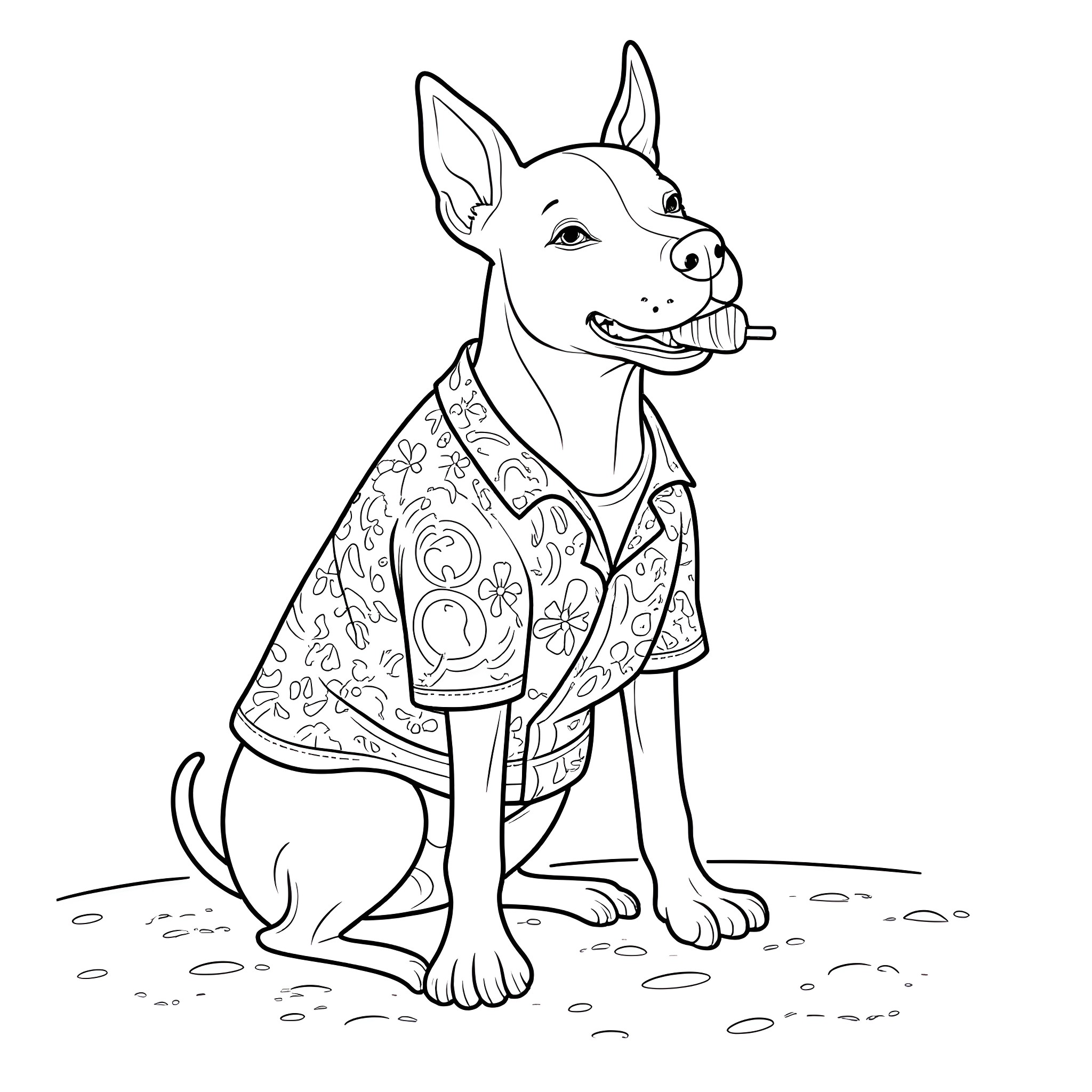 Bull Terrier in Patterned Coat Posing Outdoors Coloring Page (free black-and-white line drawing printable PDF for all, from beginners to advanced learners, including children, teens, adults, and seniors)