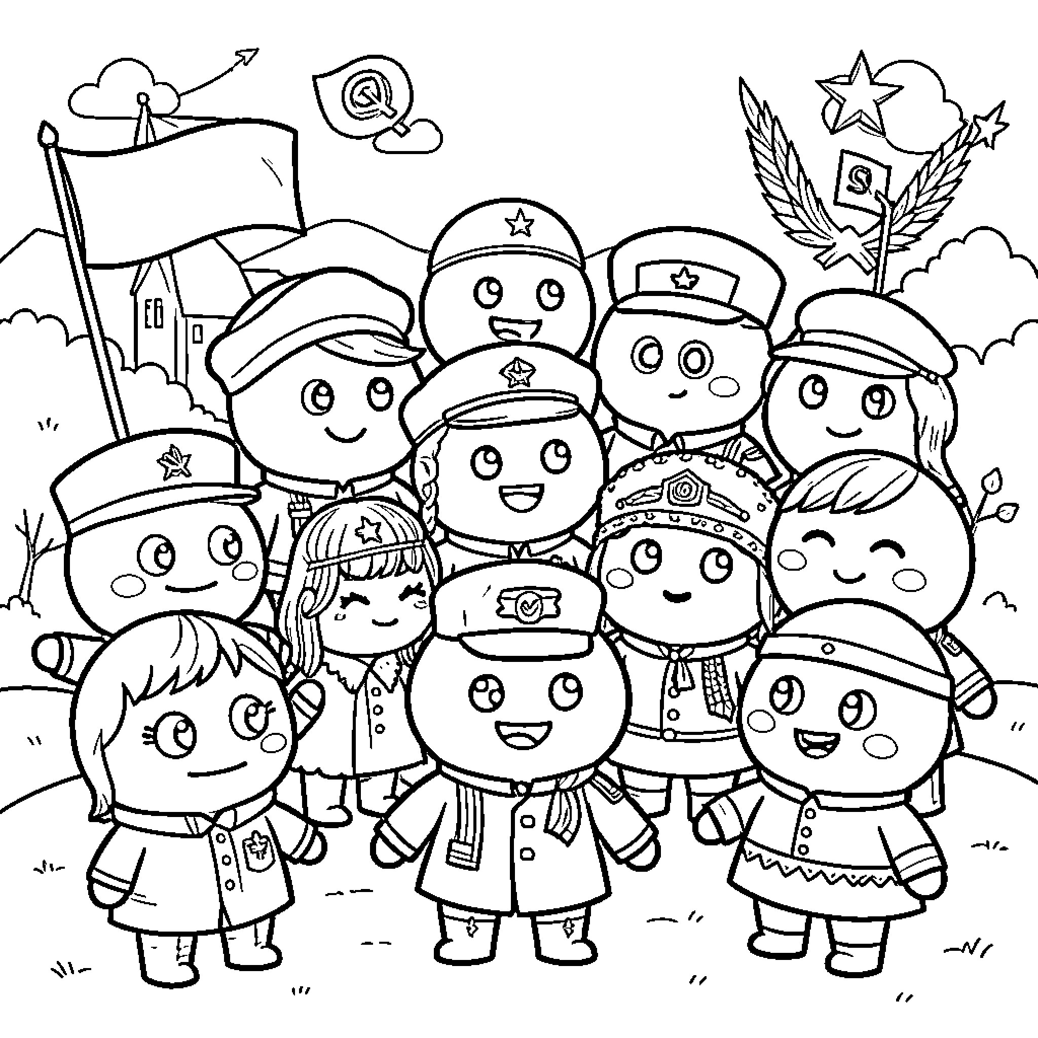 Countryball characters smiling together in a group scene Coloring Page (free black-and-white line drawing printable PDF for all, from beginners to advanced learners, including children, teens, adults, and seniors)