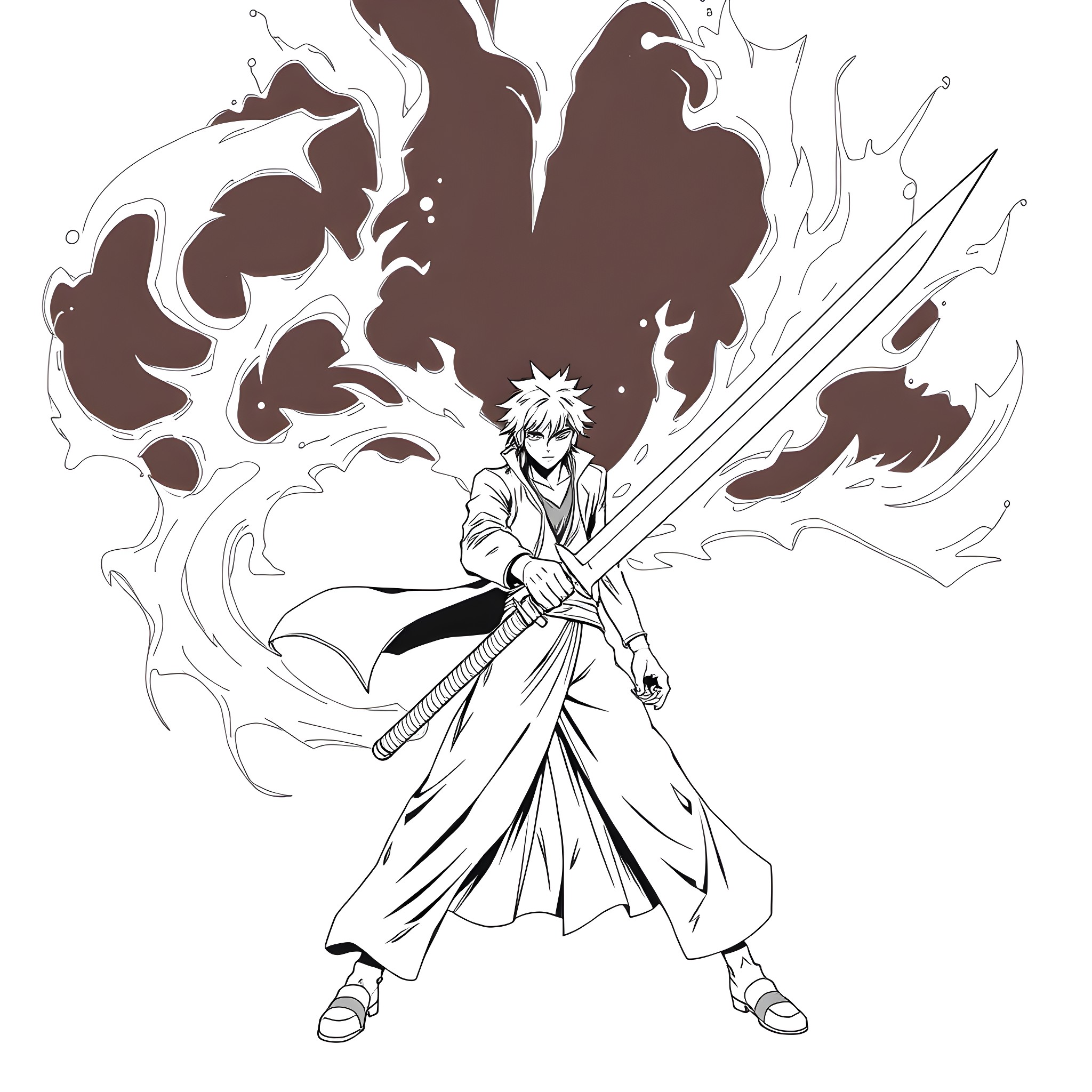 Ichigo's Fiery Sword Stance Coloring Page (free black-and-white line drawing printable PDF for all, from beginners to advanced learners, including children, teens, adults, and seniors)