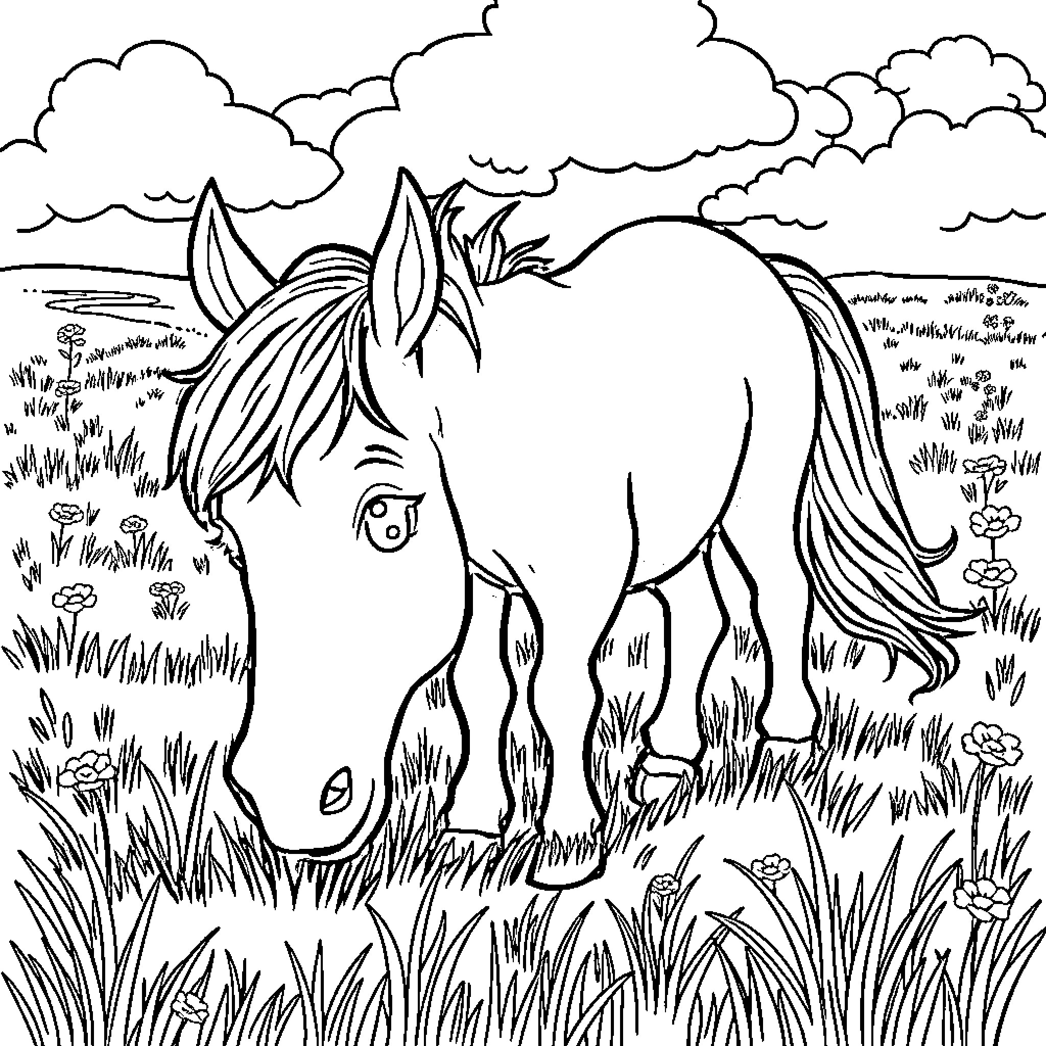 Pony grazing peacefully in the meadow Coloring Page (free black-and-white line drawing printable PDF for all, from beginners to advanced learners, including children, teens, adults, and seniors)