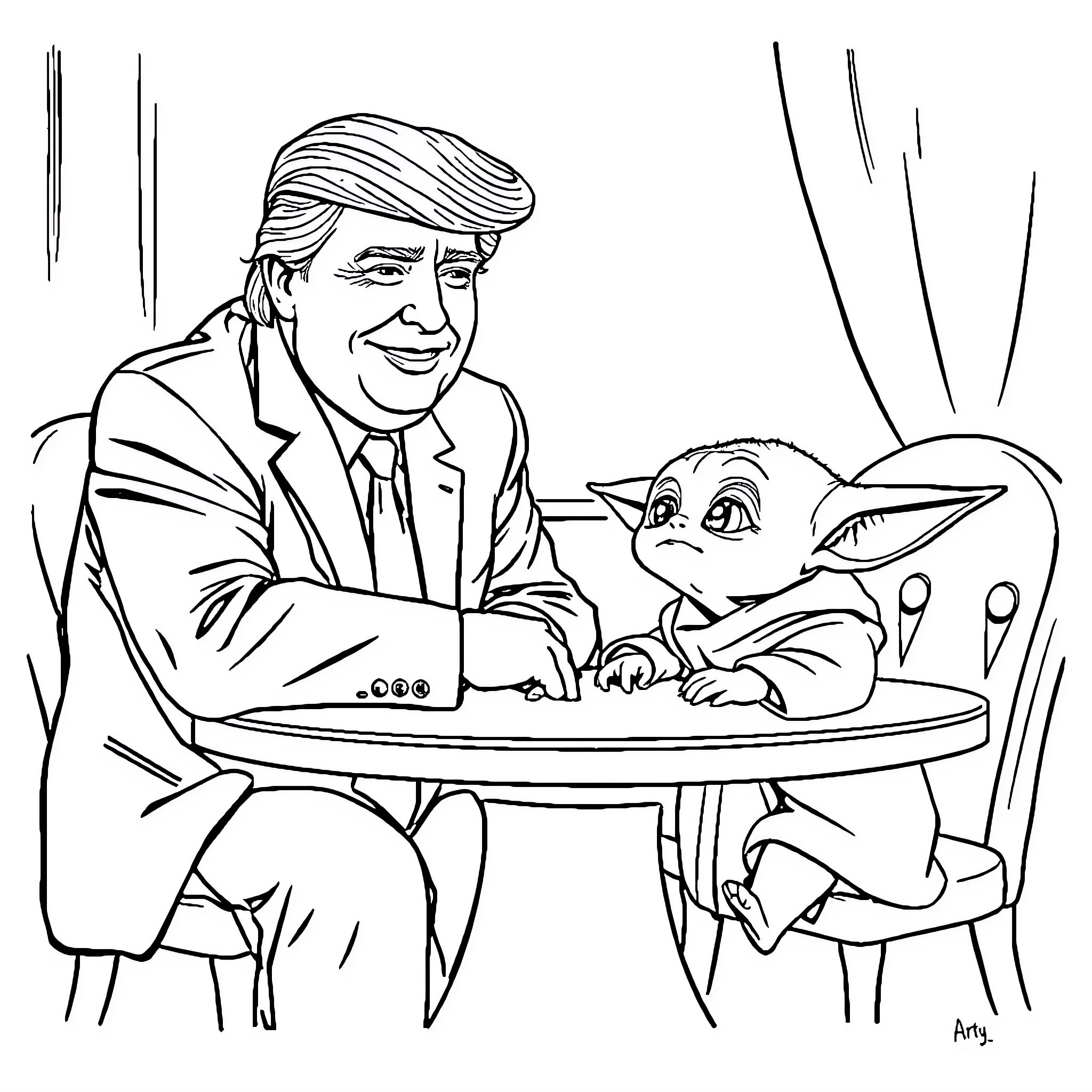Donald Trump Interacting Amusingly with Mysterious Creature Coloring Page (free black-and-white line drawing printable PDF for all, from beginners to advanced learners, including children, teens, adults, and seniors)