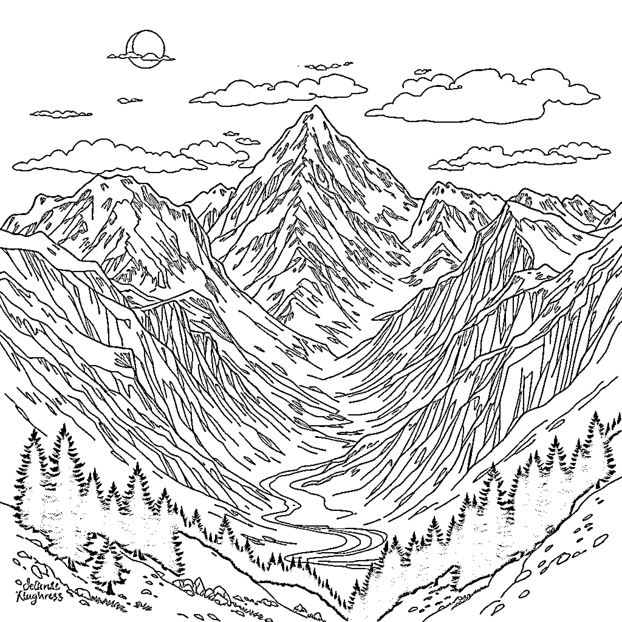 Mountain landscape with snowy peaks and winding trail Coloring Page (free black-and-white line drawing printable PDF for all, from beginners to advanced learners, including children, teens, adults, and seniors)