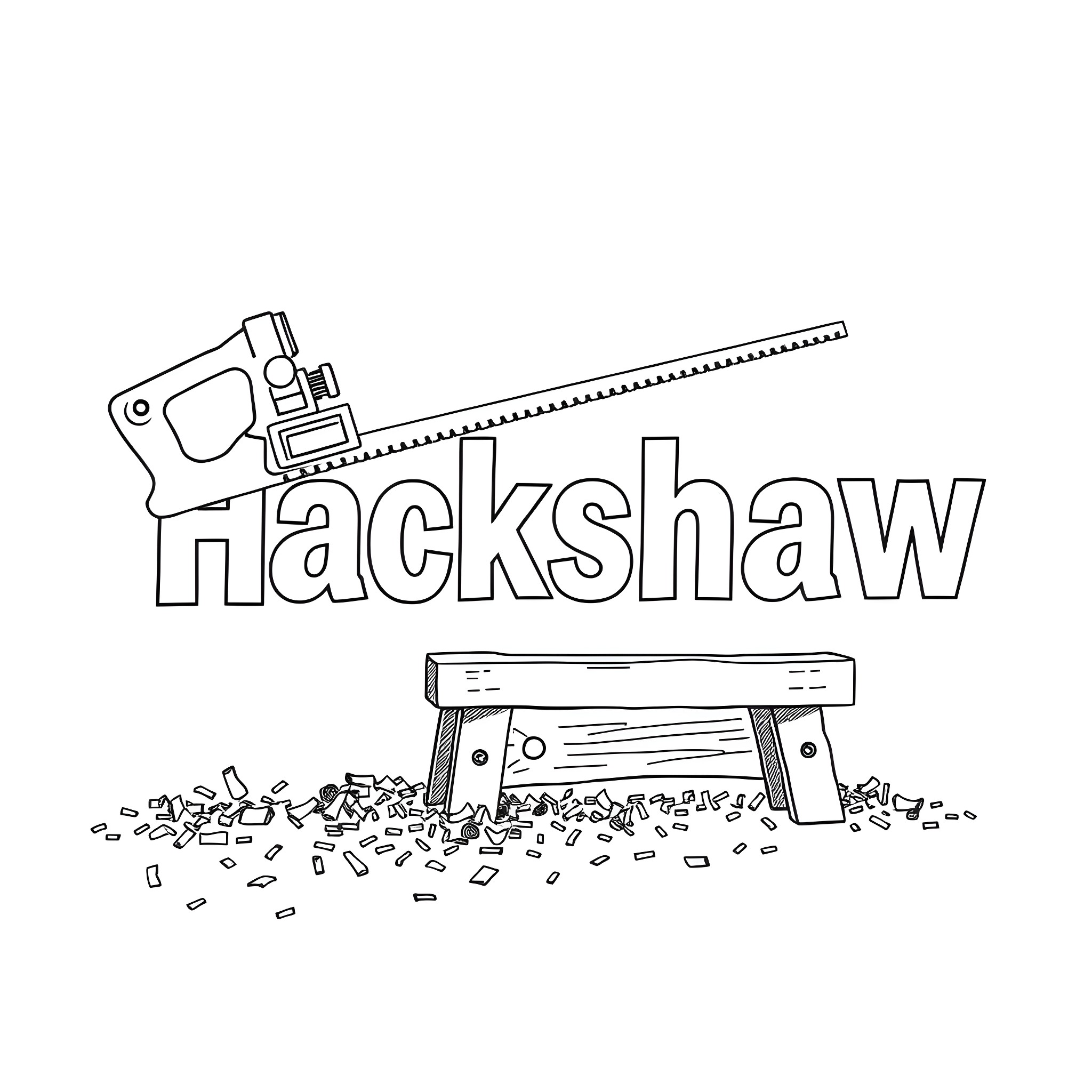 Hacksaw Cutting Through Debris on Workbench Coloring Page (free black-and-white line drawing printable PDF for all, from beginners to advanced learners, including children, teens, adults, and seniors)