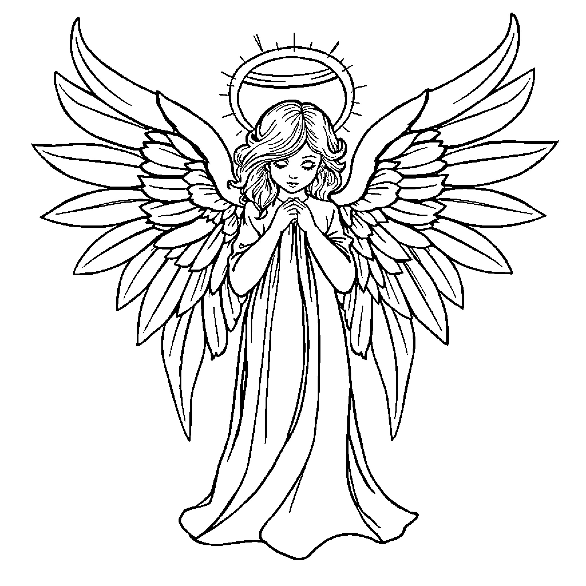 Angel praying with outstretched wings Coloring Page (free black-and-white line drawing printable PDF for all, from beginners to advanced learners, including children, teens, adults, and seniors)