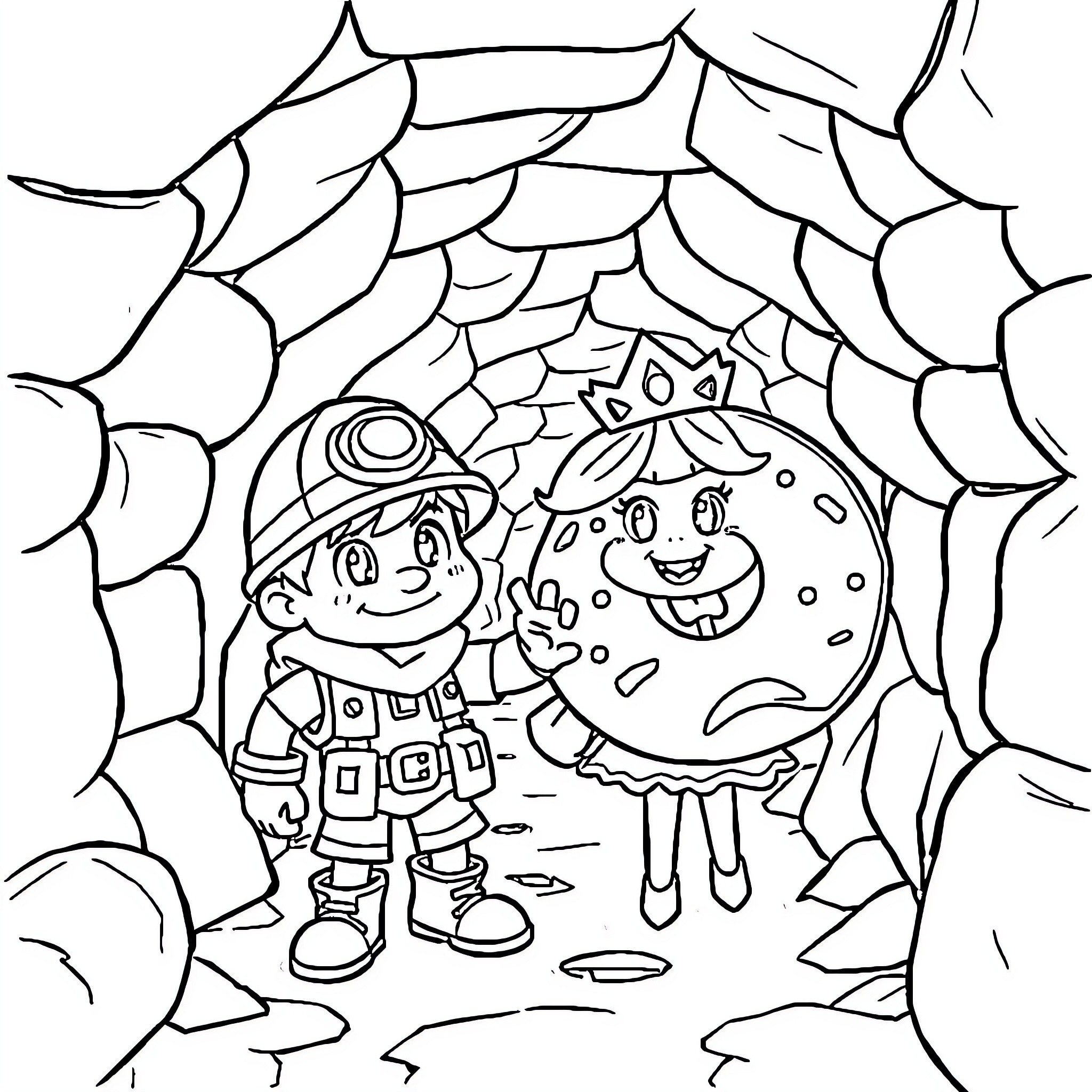 Dungeon Crawler Exploring Fantastical Creature's Realm Coloring Page (free black-and-white line drawing printable PDF for all, from beginners to advanced learners, including children, teens, adults, and seniors)